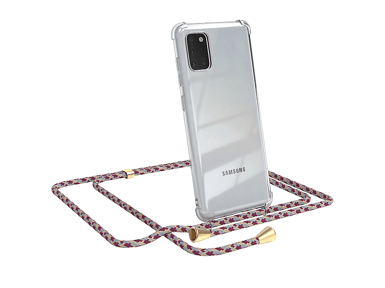 EAZY CASE Clear Cover mit Umhängeband, Umhängetasche, Samsung, Galaxy A31, Rot Beige Camouflage / Clips Gold