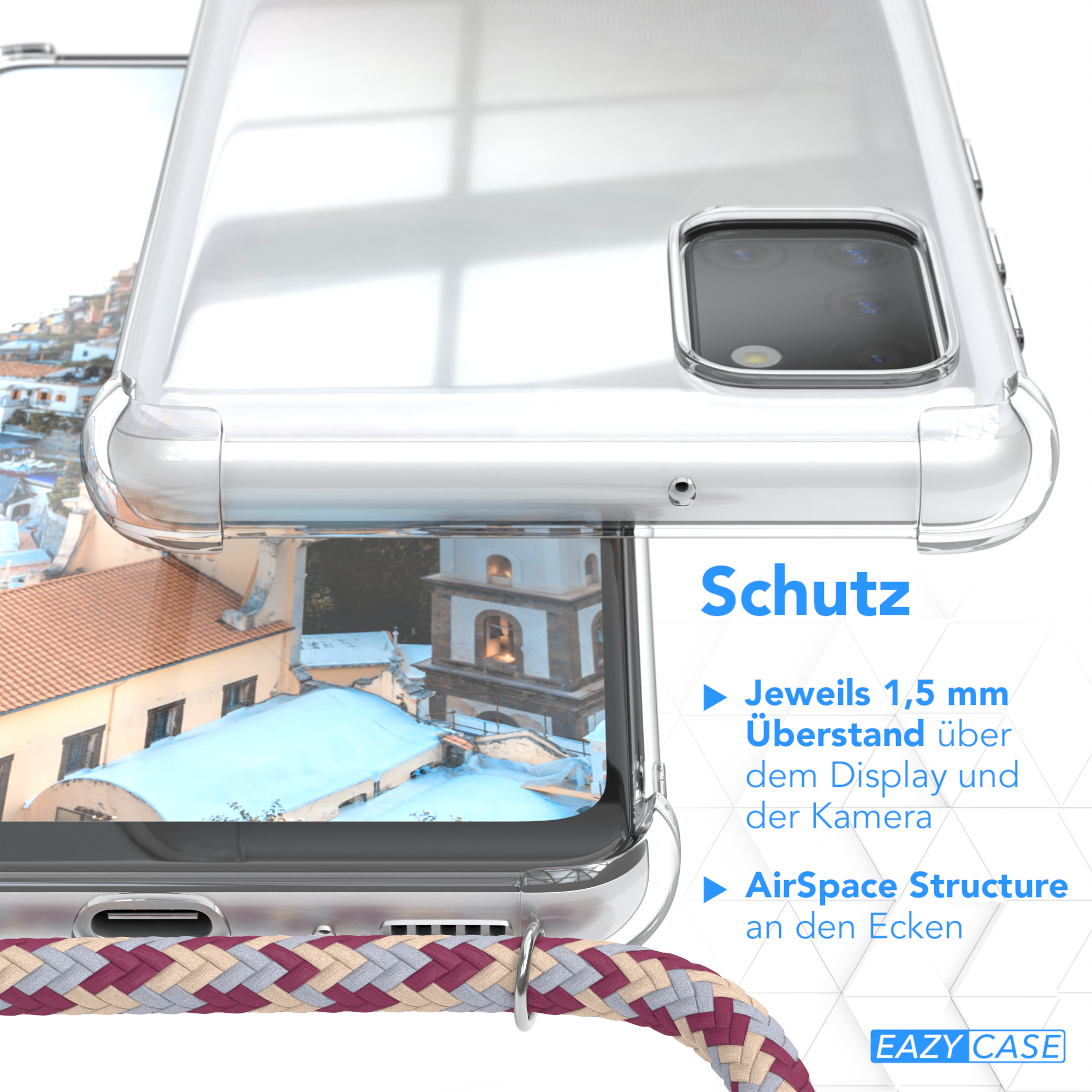 Nahaufnahme einer transparenten Handyhülle. Text liest sich 'Schutz', und Details der Gehäusemerkmale.