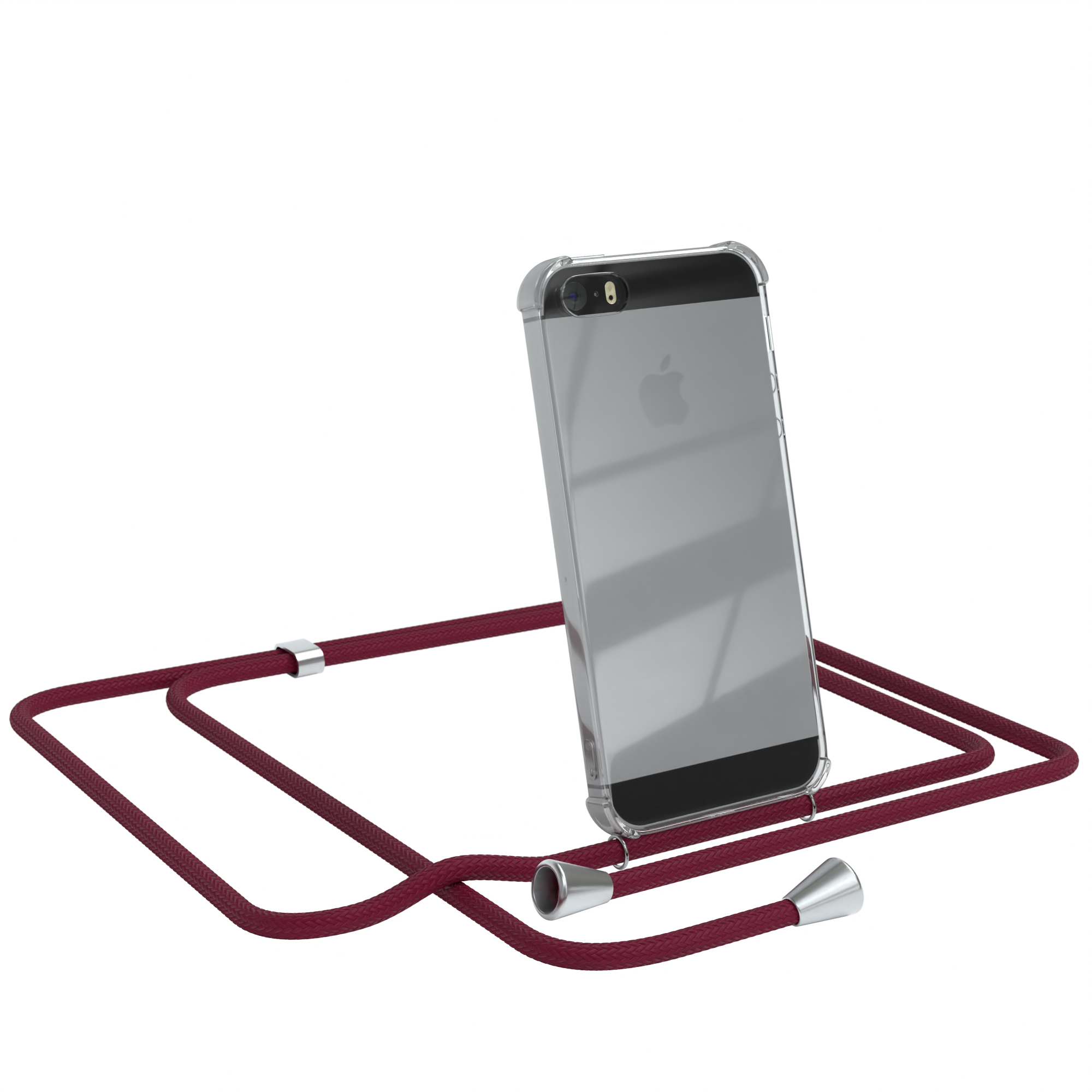 Transparente Handyhülle mit weinrotem Kabel. Telefon ist angewinkelt, mit Apple-Logo auf der Rückseite.