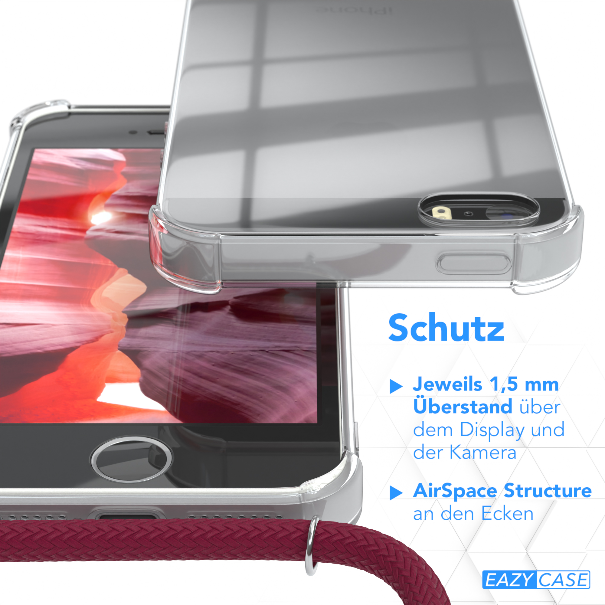 Transparente Handyhülle mit rotem Band. Verschwommener Hintergrund mit Orange und Rot.