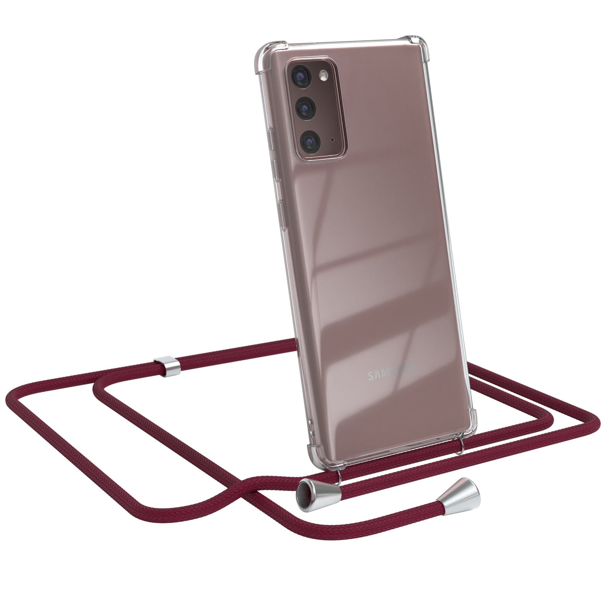 Transparente Handyhülle mit rotem Band. Ein Samsung-Logo ist sichtbar.