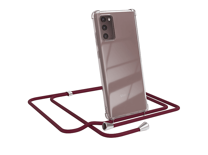 EAZY CASE Clear Cover mit Umhängeband, Umhängetasche, Samsung, Galaxy Note 20 / Note 20 5G, Bordeaux Rot / Clips Silber