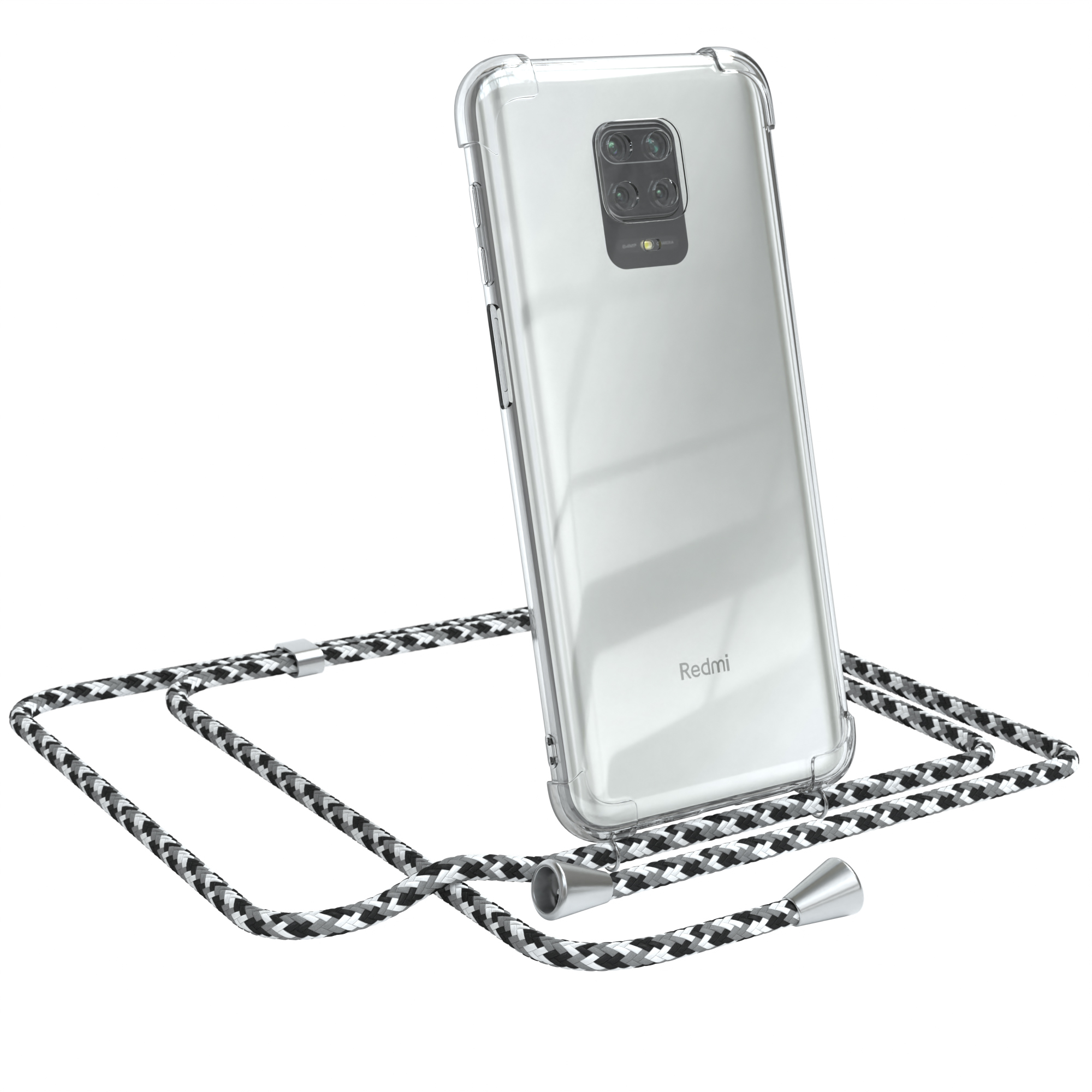 Transparente Handyhülle mit schwarz-weißem Seilriemen auf einem Redmi-Handy.