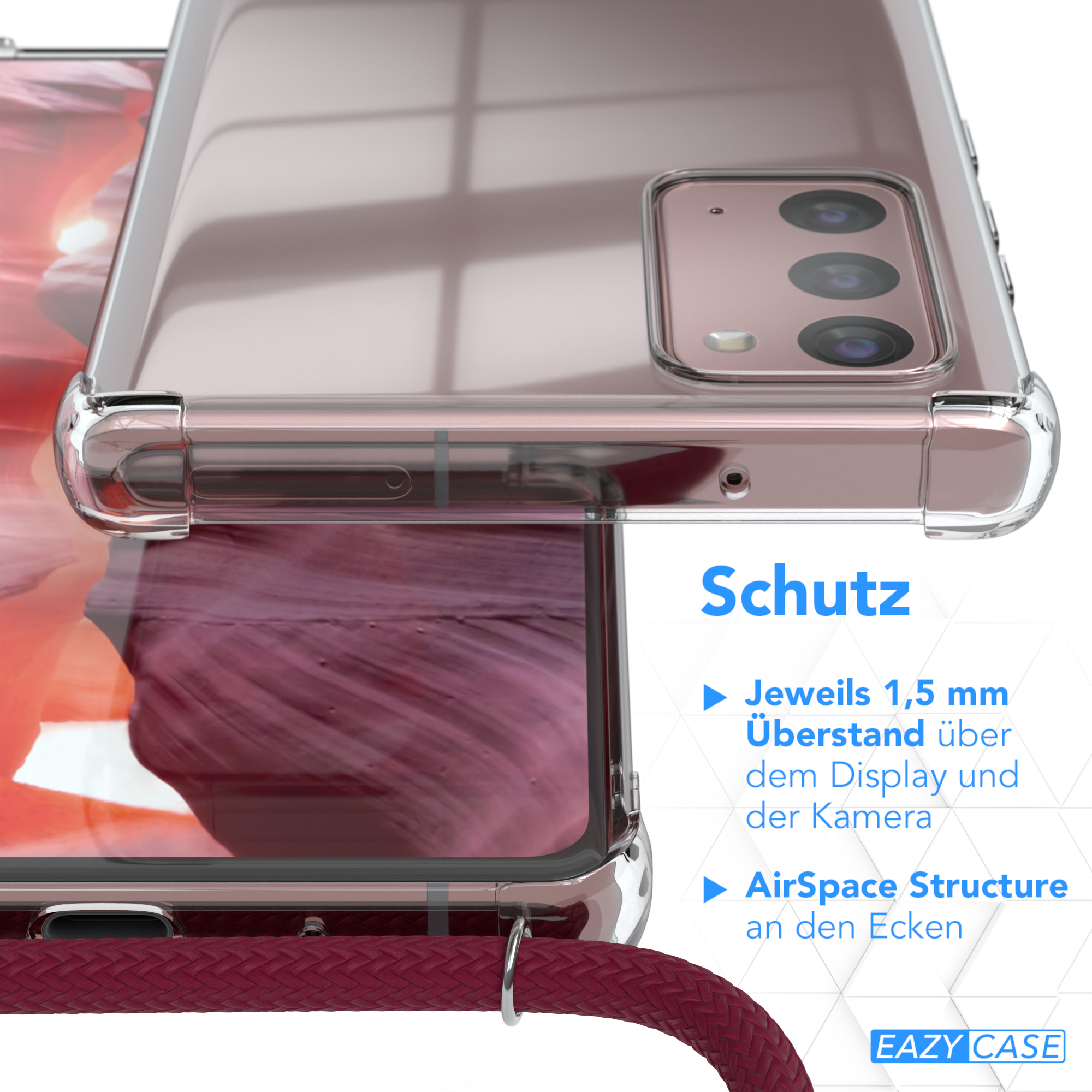 Eine transparente Handyhülle wird im Detail gezeigt, mit Angaben zu den Schutzeigenschaften.