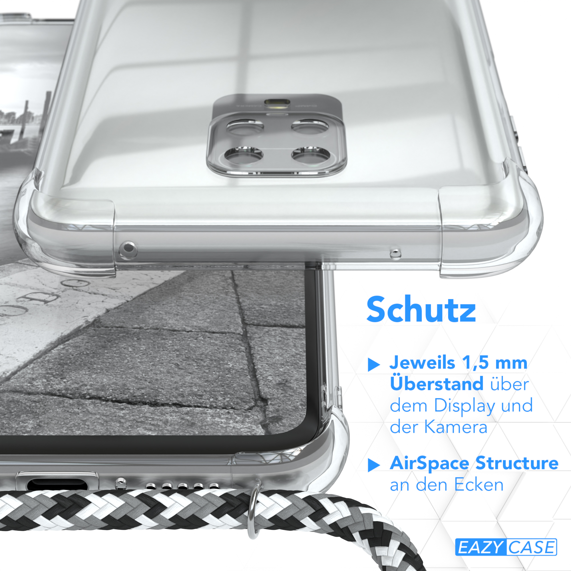 Transparente Handyhülle über grauer Oberfläche. Text zeigt Eigenschaften der Hülle.