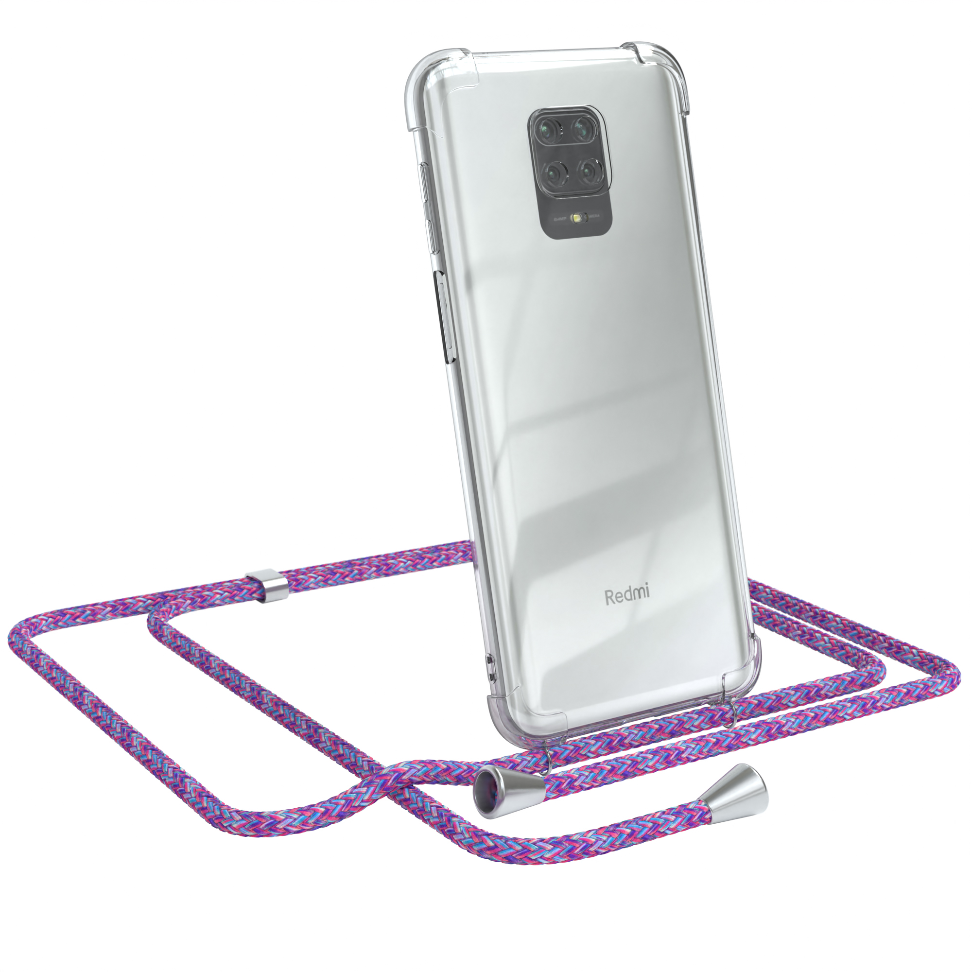 Telefon in klarer Hülle mit lila Umhängeband. Redmi-Logo sichtbar.