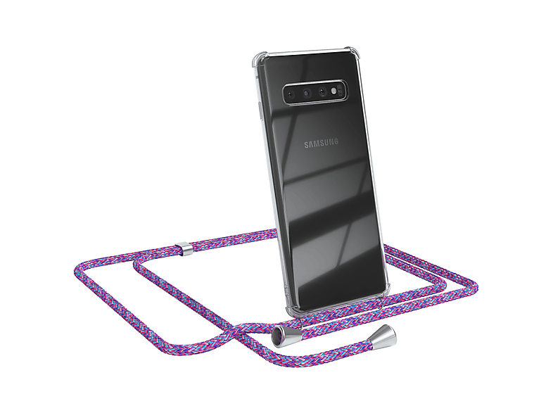 EAZY CASE Clear Cover mit Umhängeband, Umhängetasche, Samsung, Galaxy S10, Lila / Clips Silber