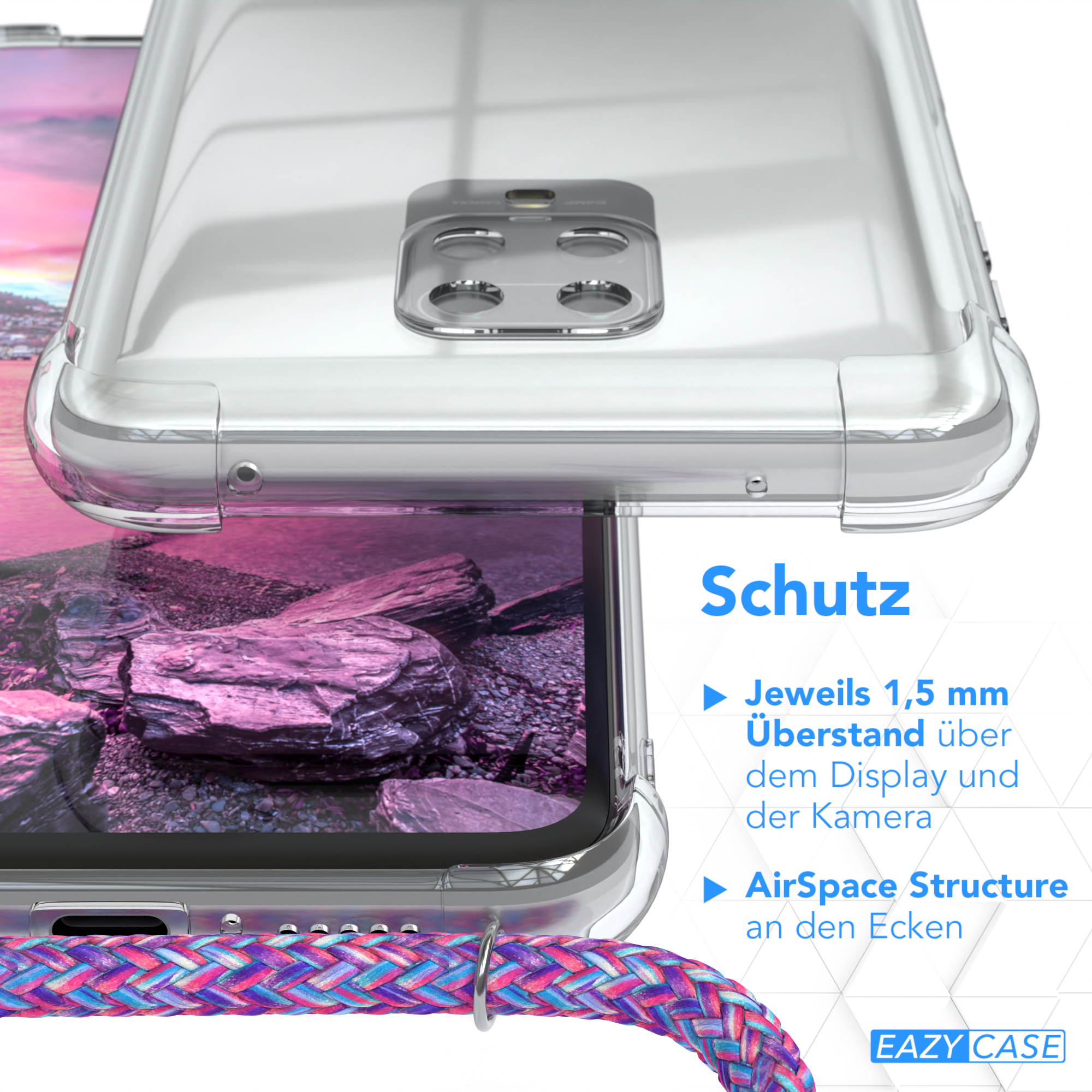 Eine transparente Handyhülle. Die Hülle befindet sich über einem Telefon, mit verschwommenem Hintergrund. Text beschreibt Schutz.