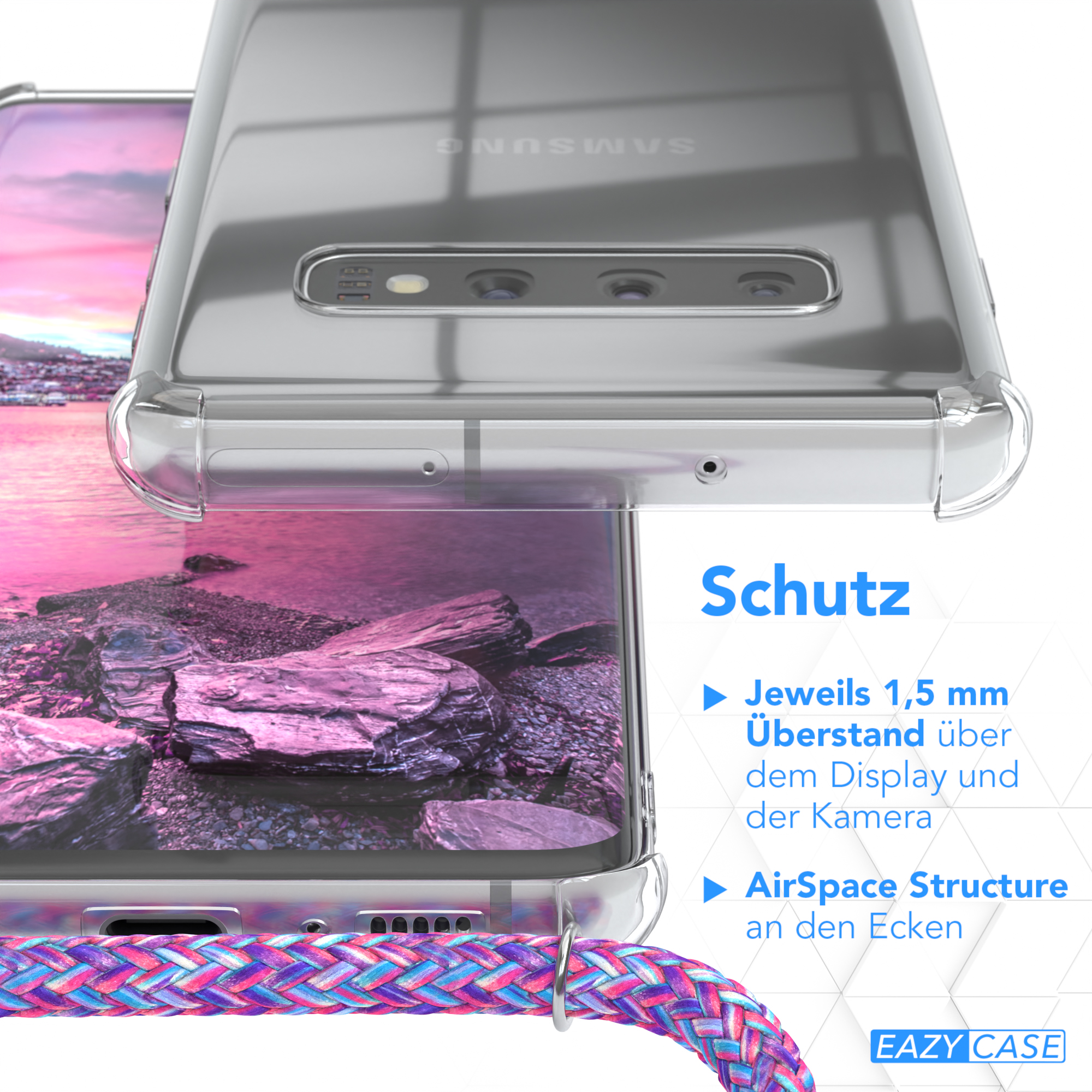 Transparente Handyhülle auf einem Telefon, die Schutzmerkmale und Text über das Produkt zeigt.