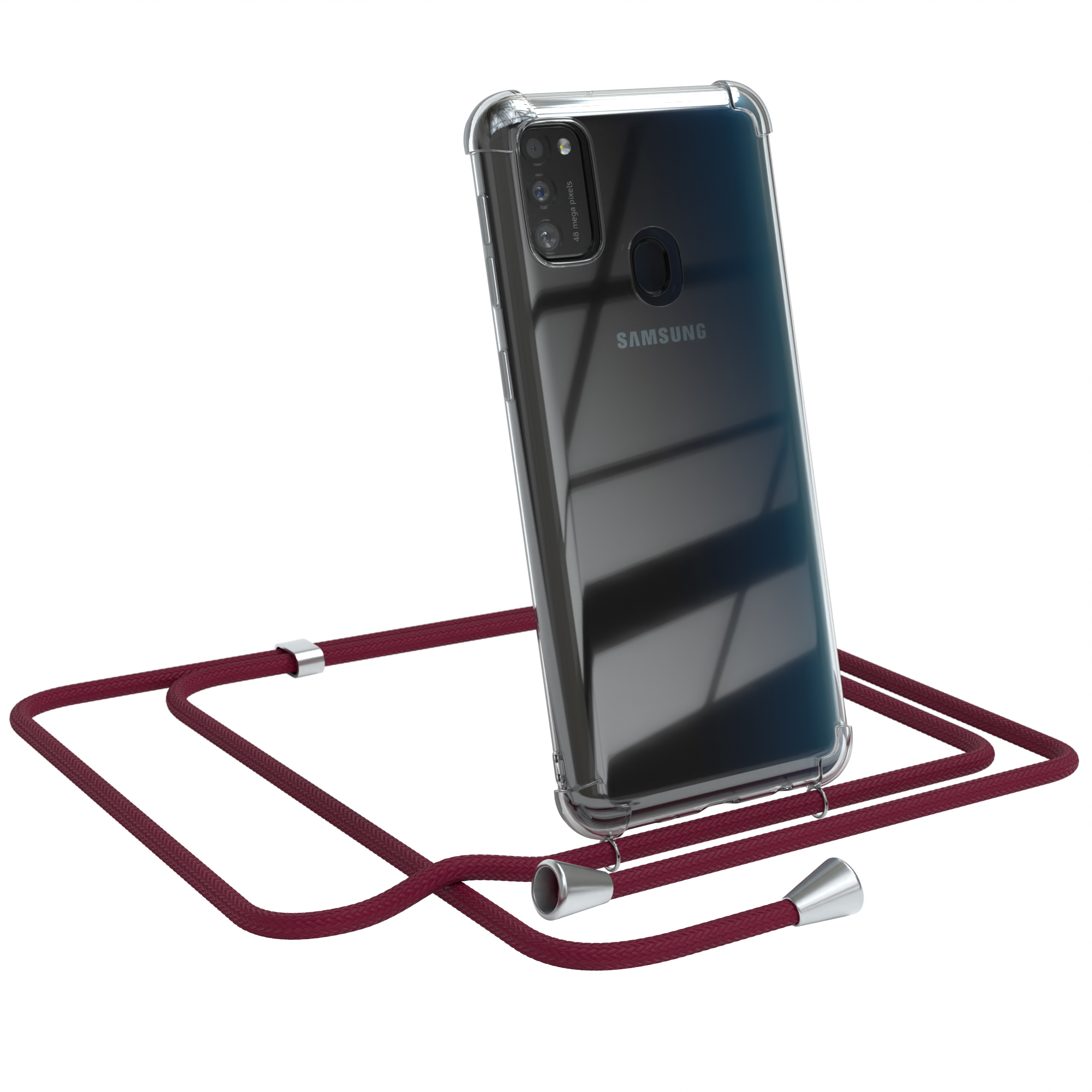 Transparente Handyhülle mit weinrotem Umhängeband. Samsung-Telefon abgewinkelt.