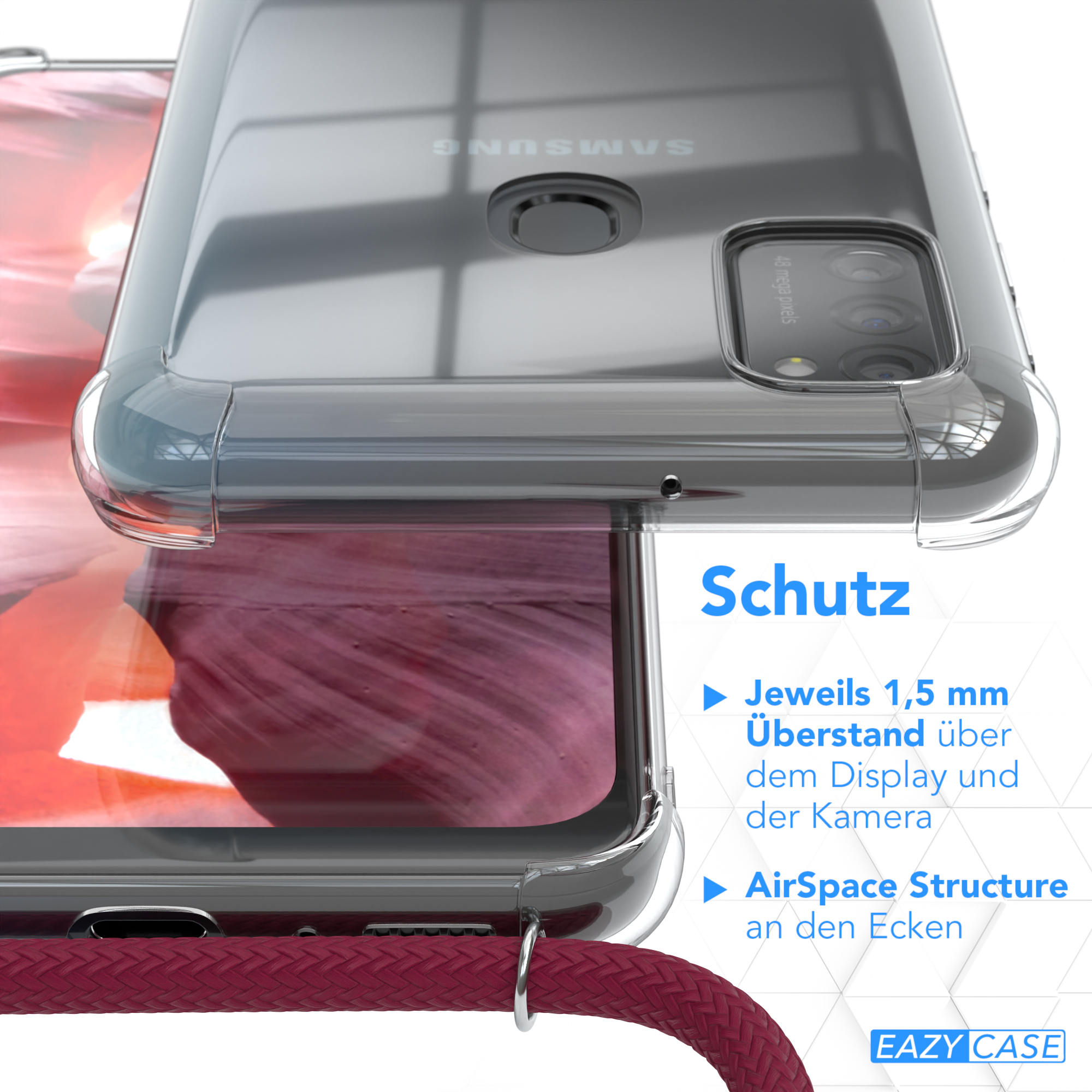 Eine Handyhülle wird im Nahaufnahme gezeigt, mit rotem Lanyard. Text zeigt Display- und Kameraschutzfunktionen.