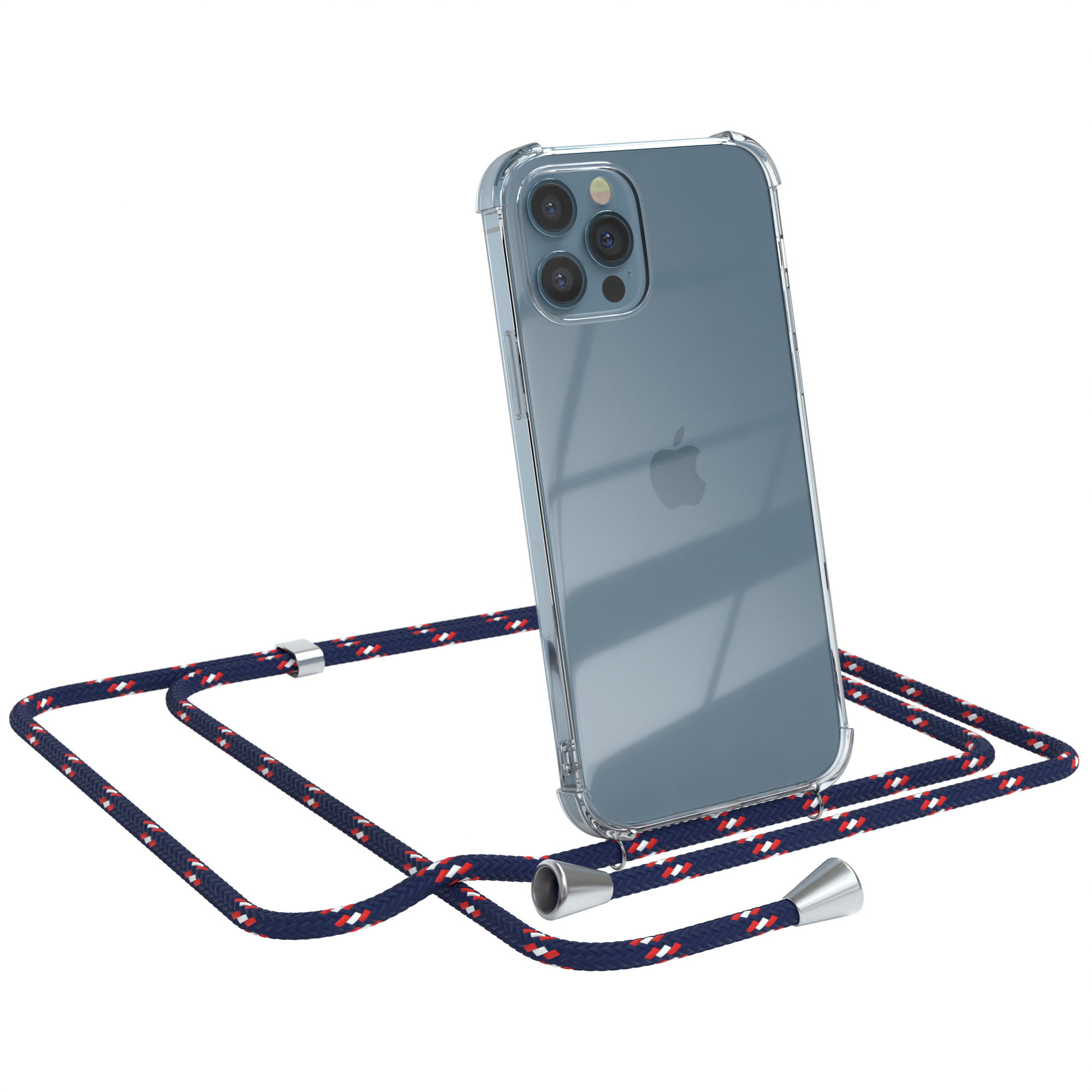 Transparente Handyhülle mit marineblauem, rotem und weißem Lanyard. Das Telefon ist ein iPhone.