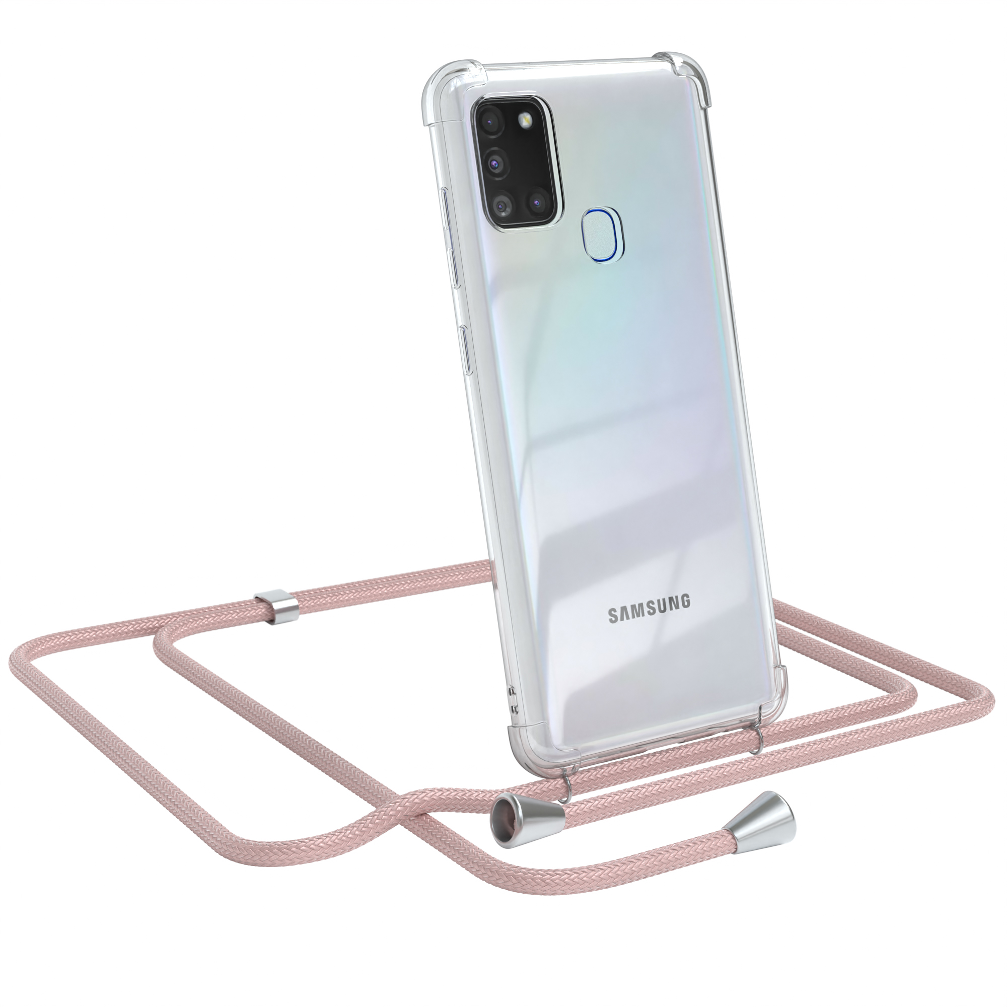 Transparente Handyhülle mit pinkfarbenem Umhängeband. Telefon ist angewinkelt, Samsung-Logo sichtbar. Weißer Hintergrund.