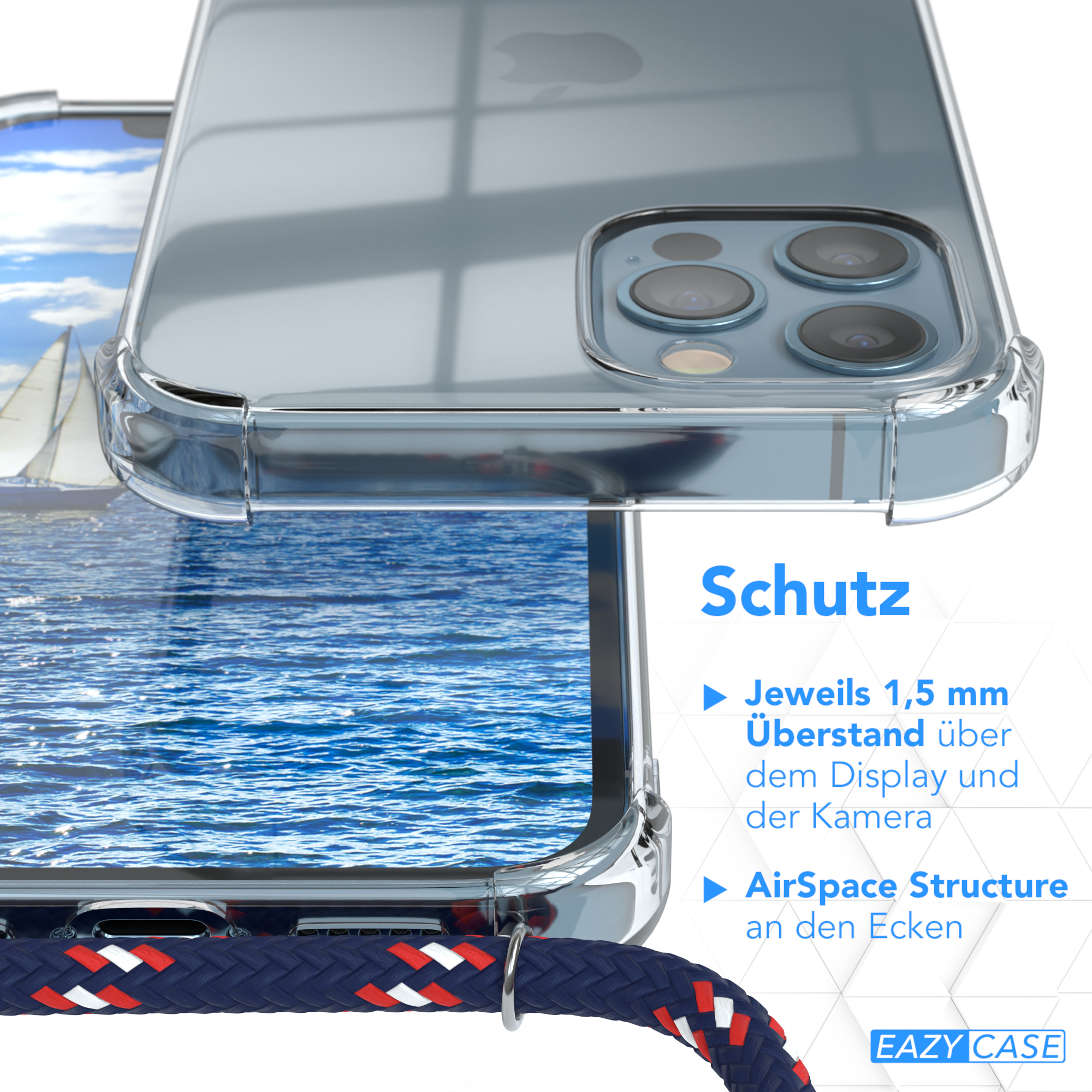 Transparente Handyhülle mit blauem Kordel, zeigt den Bildschirm und die Funktionen des Telefons.