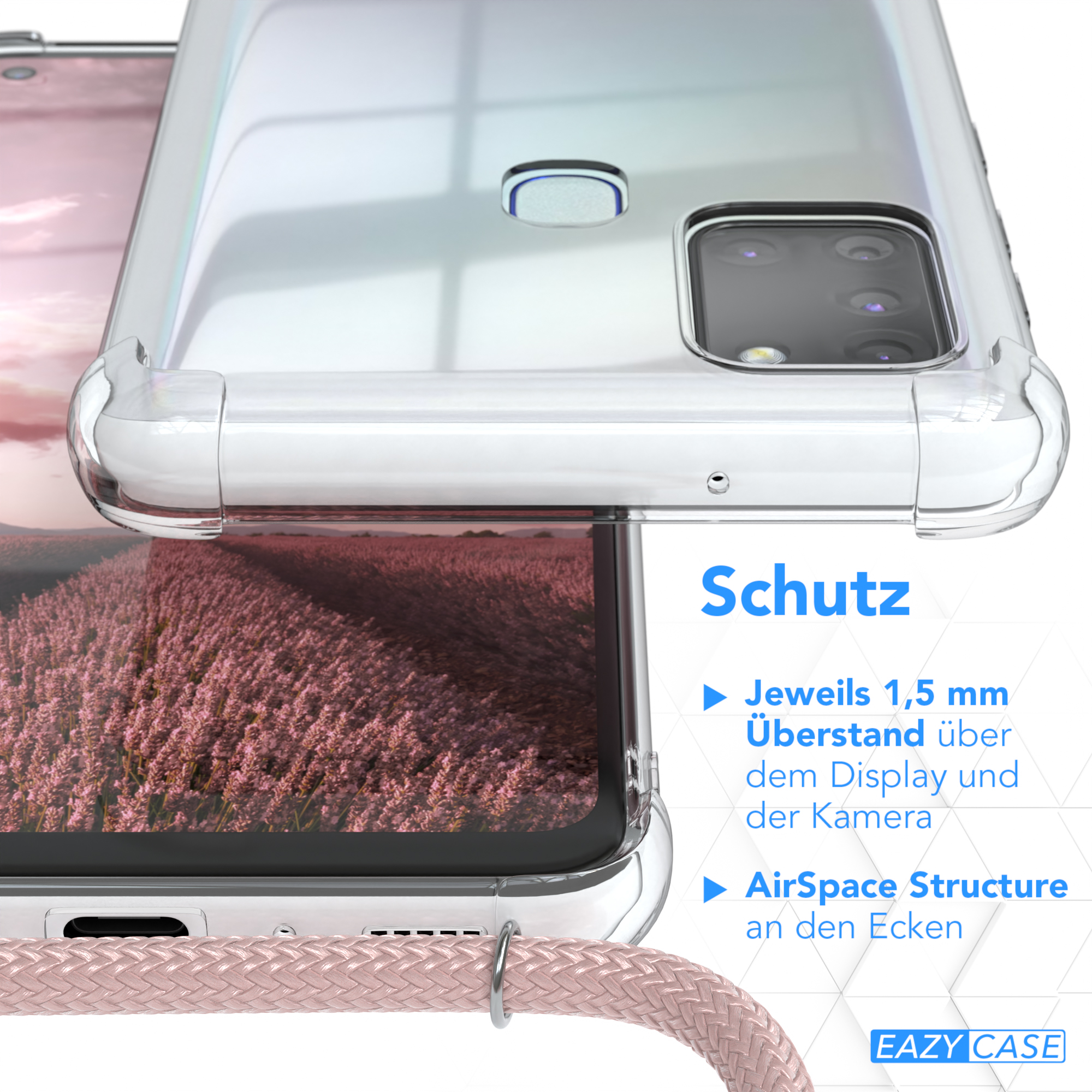 Nahaufnahme einer Handyhülle und eines rosa Riemens. Die Hülle hat Text und einen Metallring.