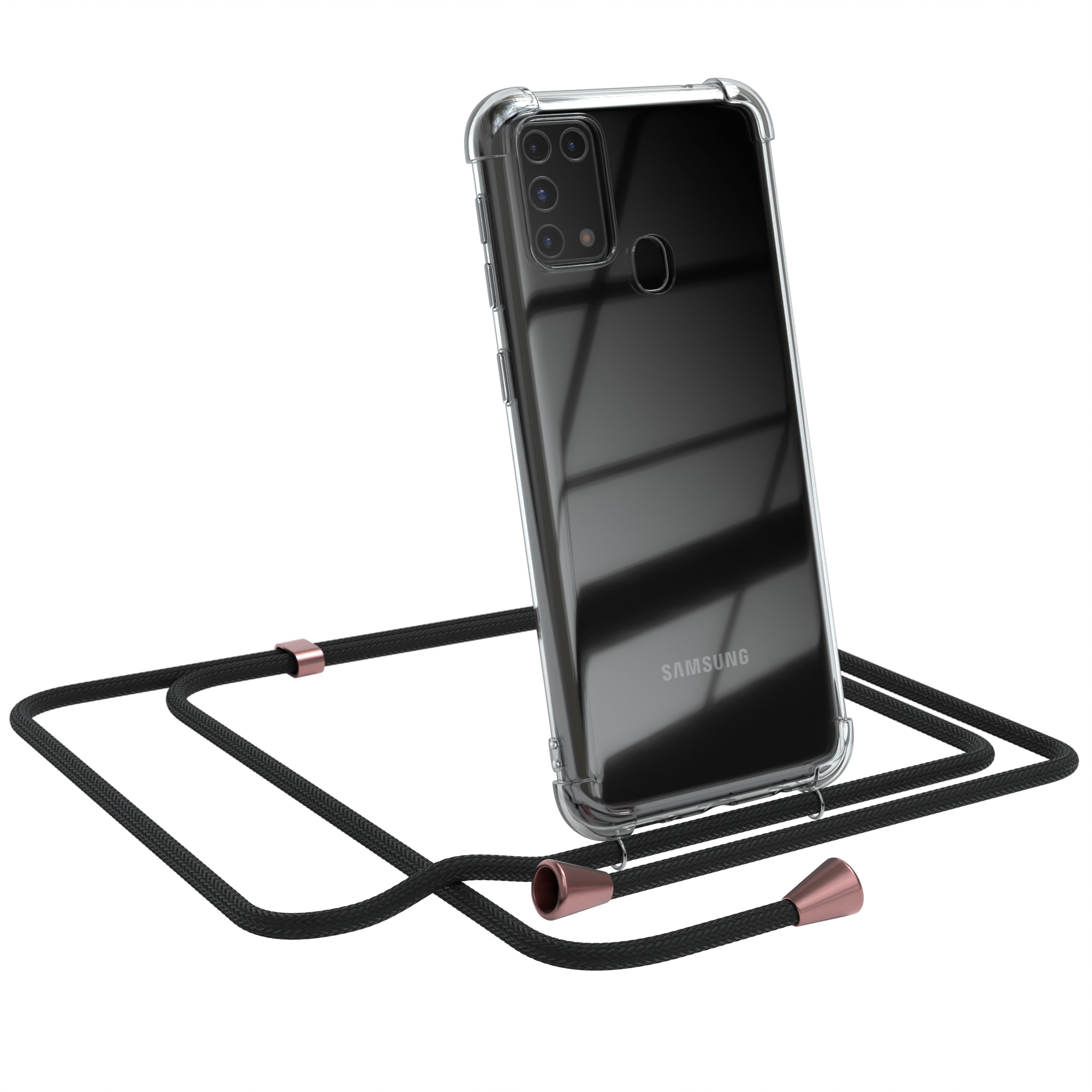 Klare Handyhülle mit schwarzem Kabel. Samsung-Telefon. Weißer Hintergrund.