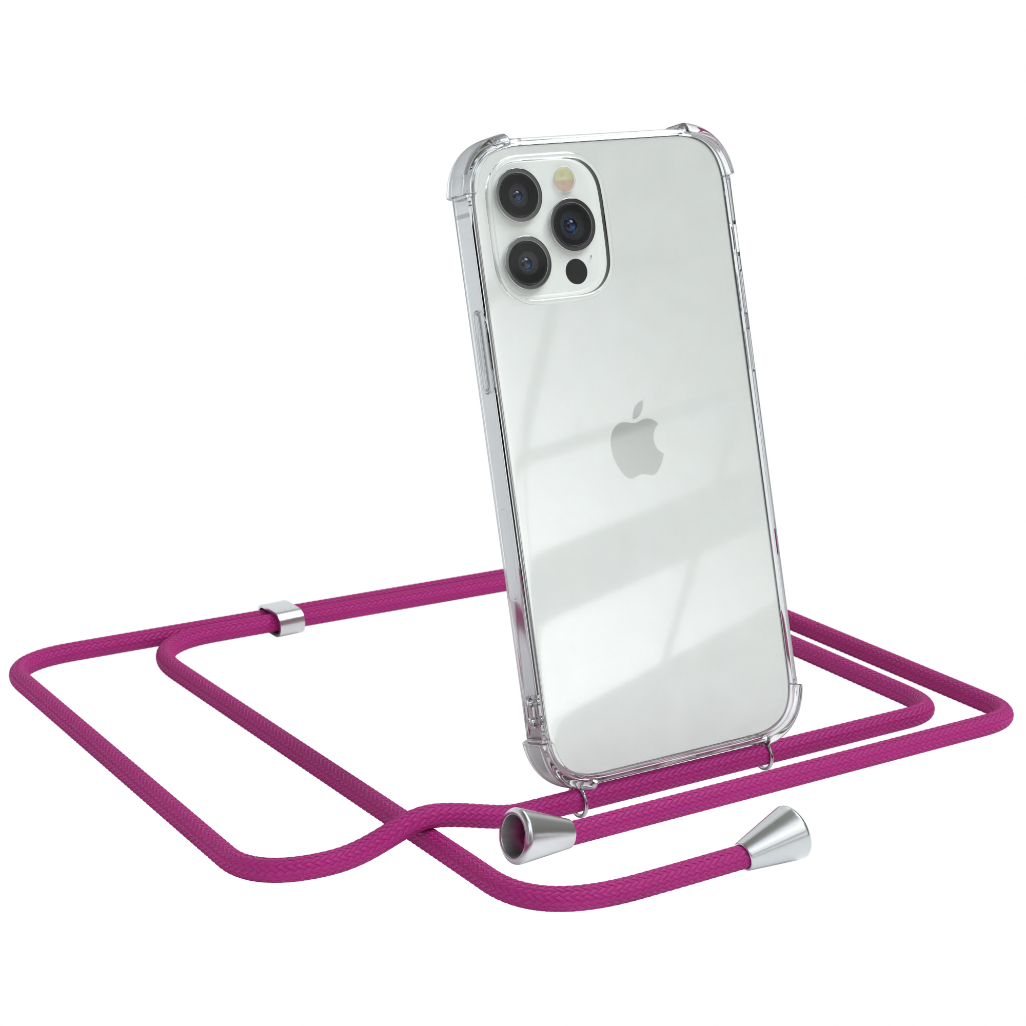 Telefon in klarer Hülle mit magentafarbenem Umhängeband. Telefon geneigt, Kameras zeigend. Weißer Hintergrund.
