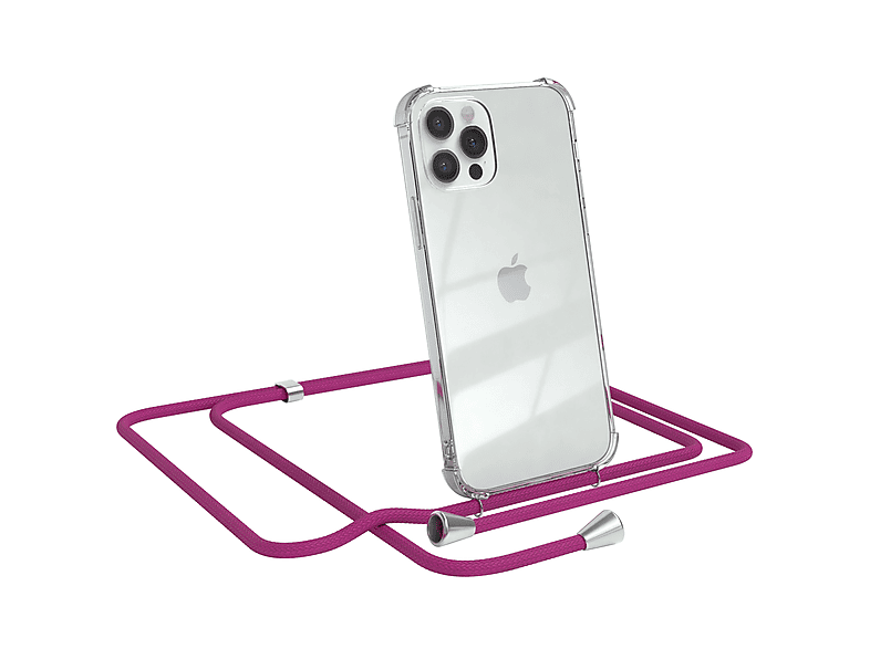 EAZY CASE Clear Cover mit Umhängeband, Umhängetasche, Apple, iPhone 12 / 12 Pro, Pink / Clips Silber
