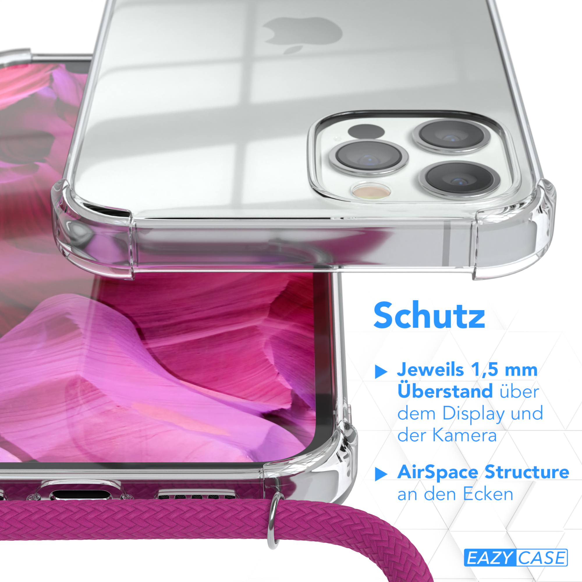 Klare Handyhülle, Nahaufnahme. Text: Schutz, 1,5 mm Überstand, AirSpace Structure.