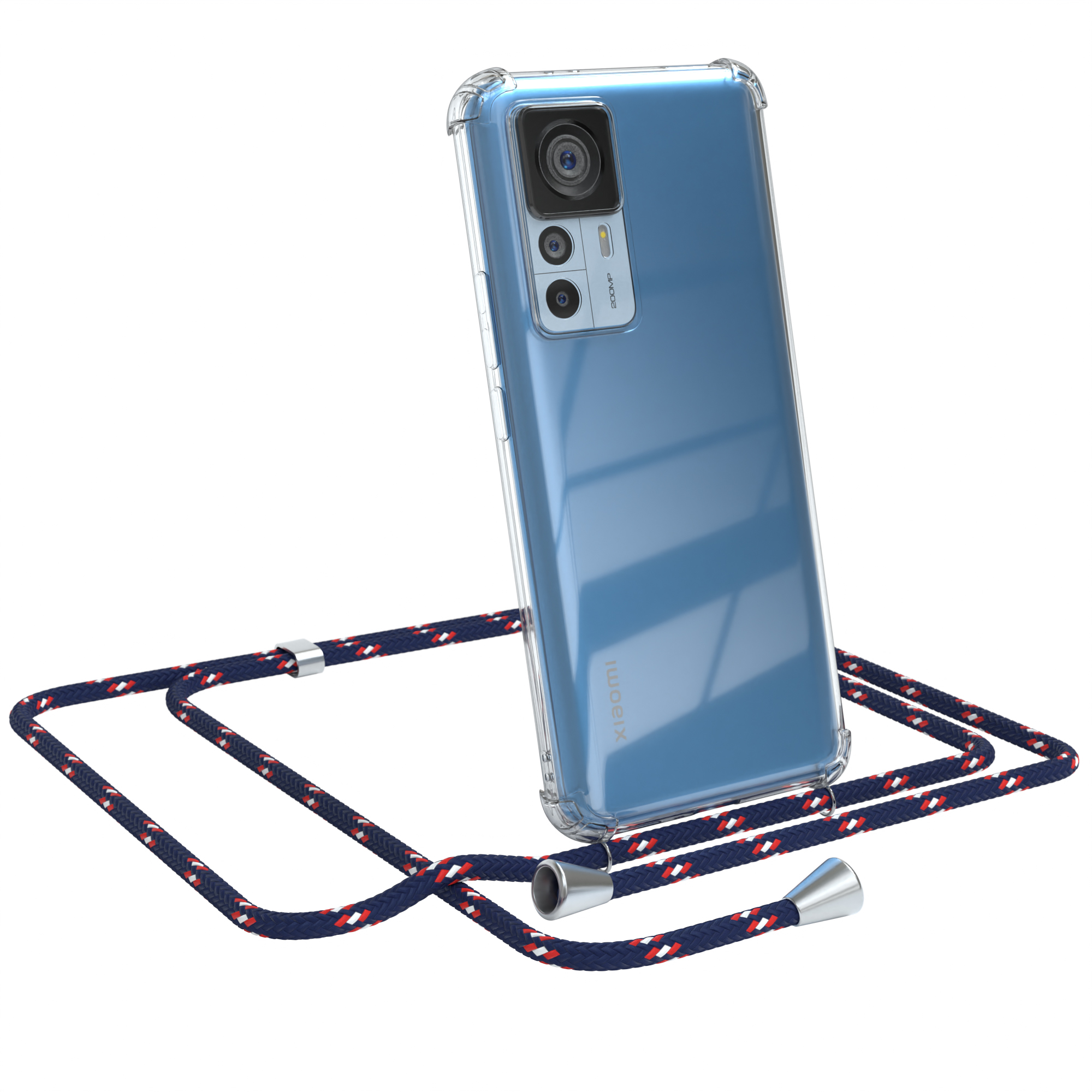 Blaues Telefon mit klarer Hülle und blau-weiß-roter Kordel. Marke Xiaomi.