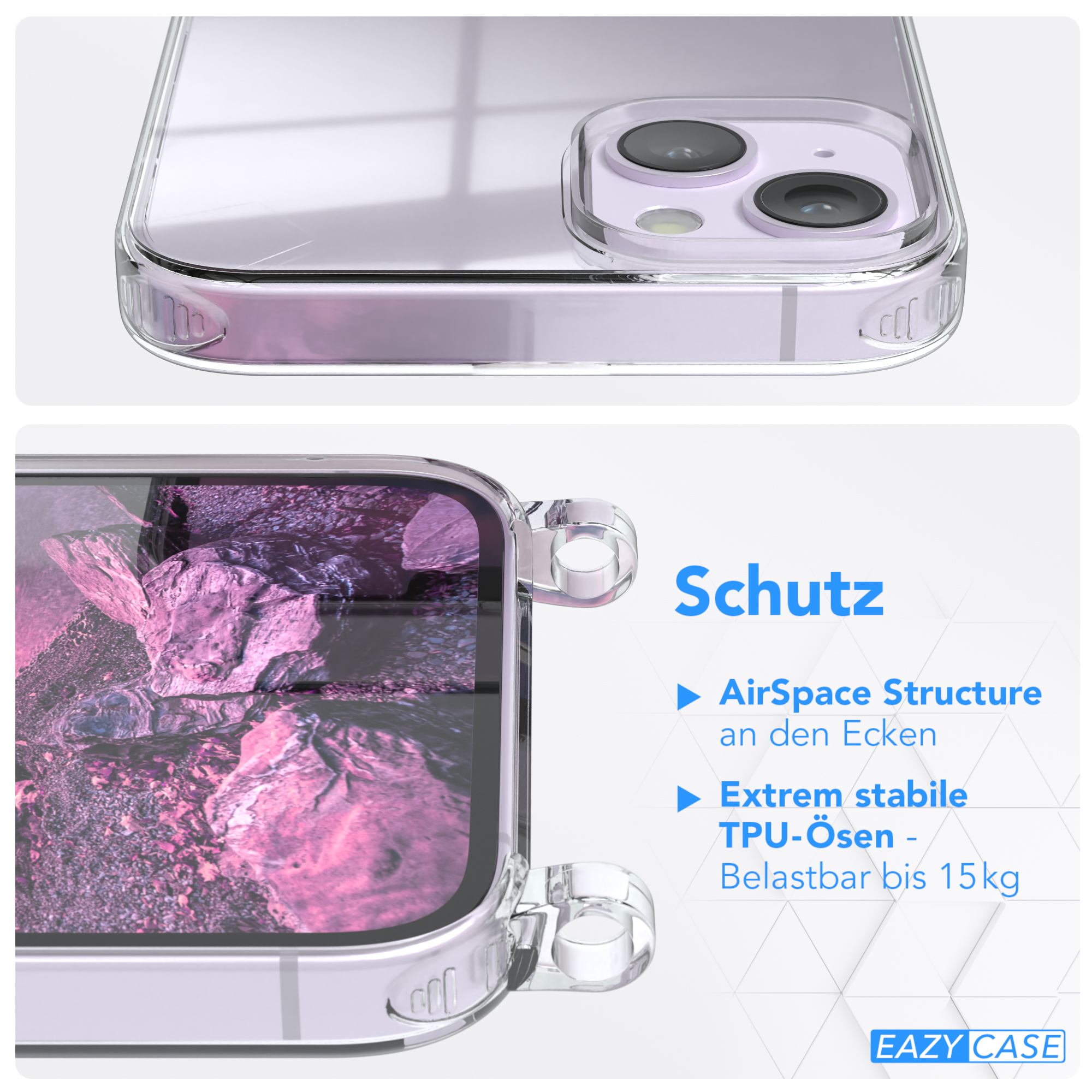 Nahaufnahme einer Handyhülle. Die Hülle ist durchsichtig. Text zeigt Merkmale: AirSpace, TPU-Ösen.