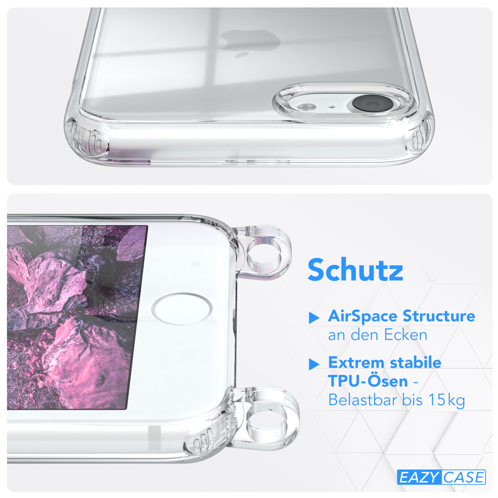 Transparente Handyhülle auf einem Telefon. Text: Schutz, AirSpace Structure, Extrem stabile TPU-Ösen - Belastbar bis 15kg.