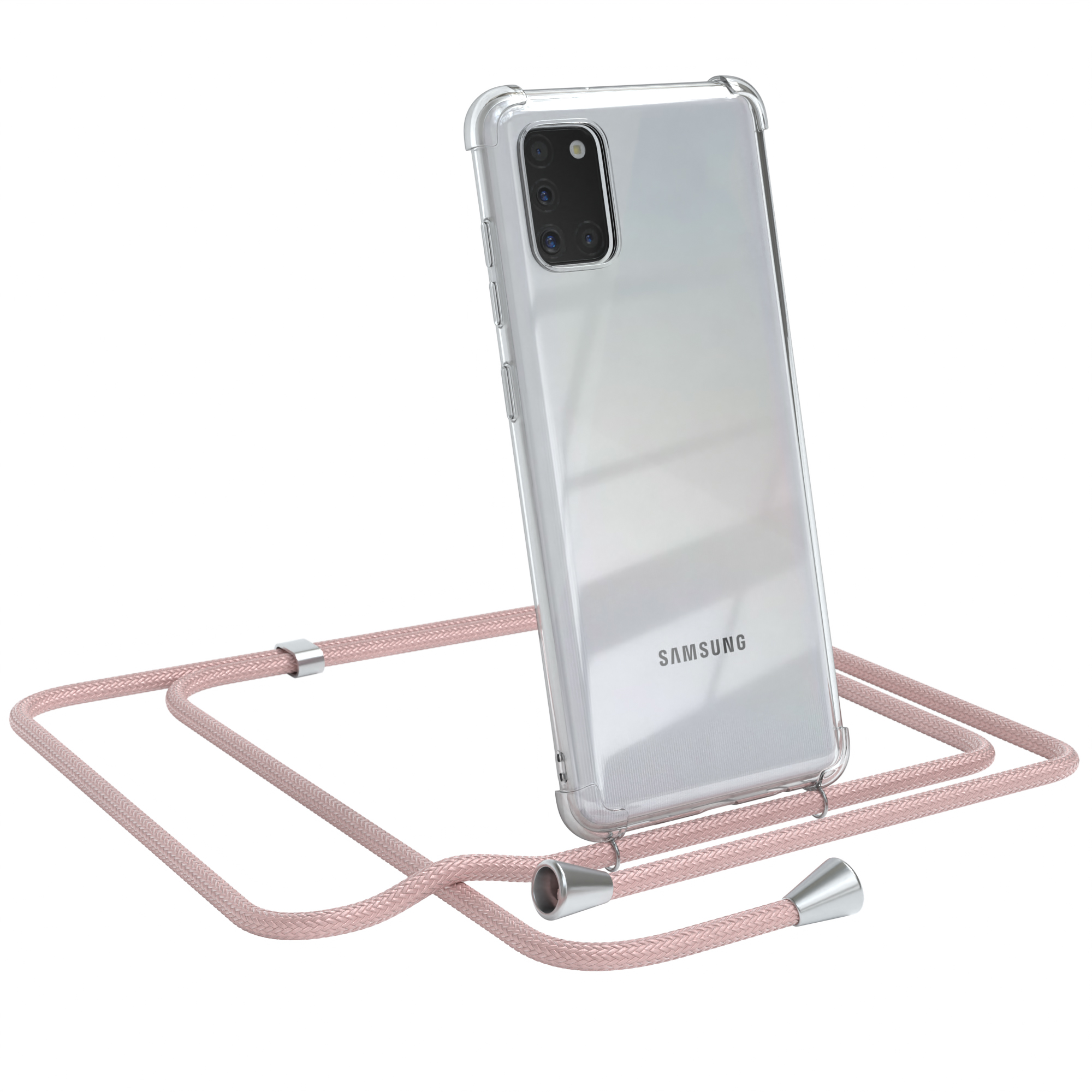 Ein Telefon in einer transparenten Hülle mit rosa Riemen. Das Telefon lehnt sich. Samsung-Logo sichtbar.