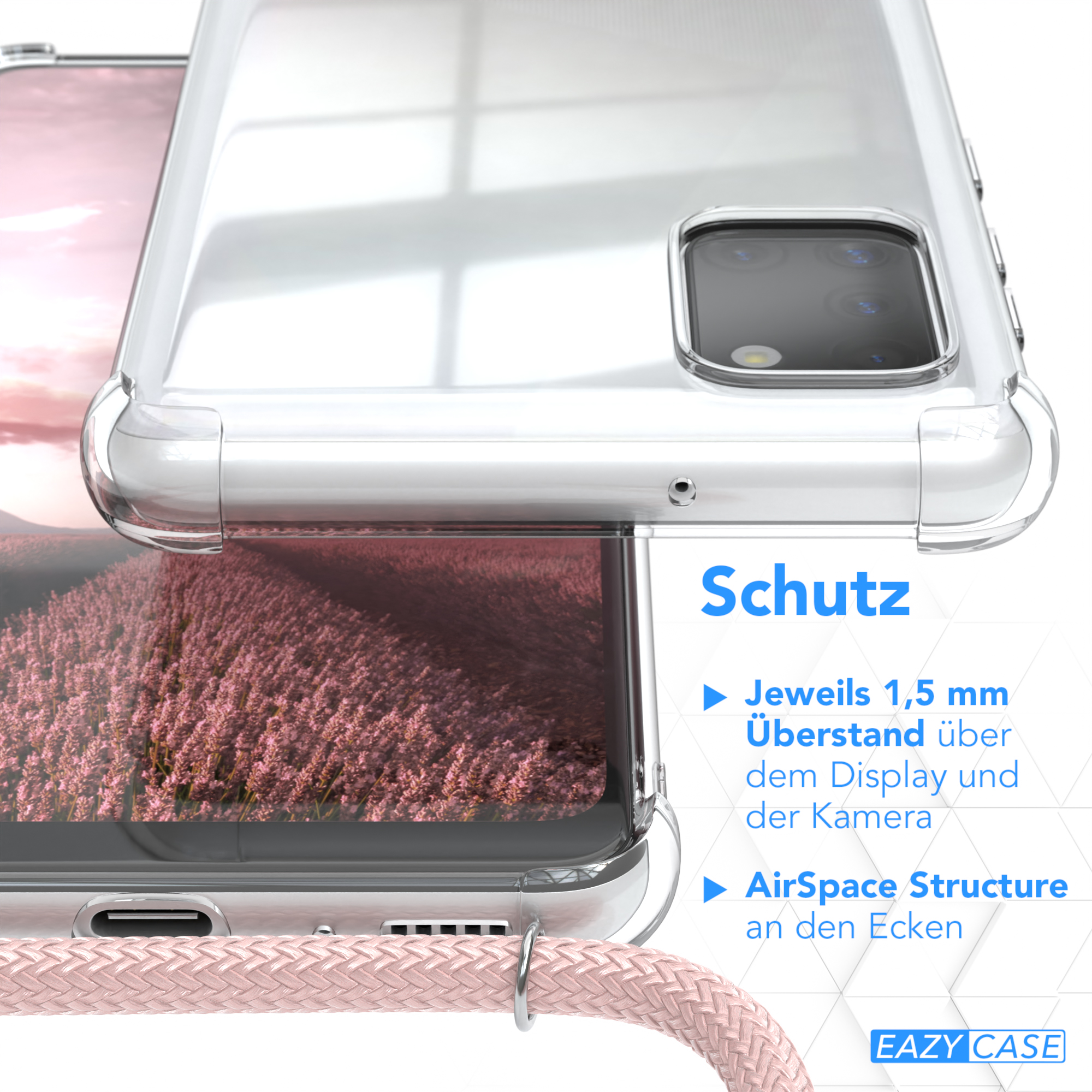 Eine transparente Handyhülle mit einem rosa Seil. Text auf dem Bild beschreibt die Schutzfunktionen.