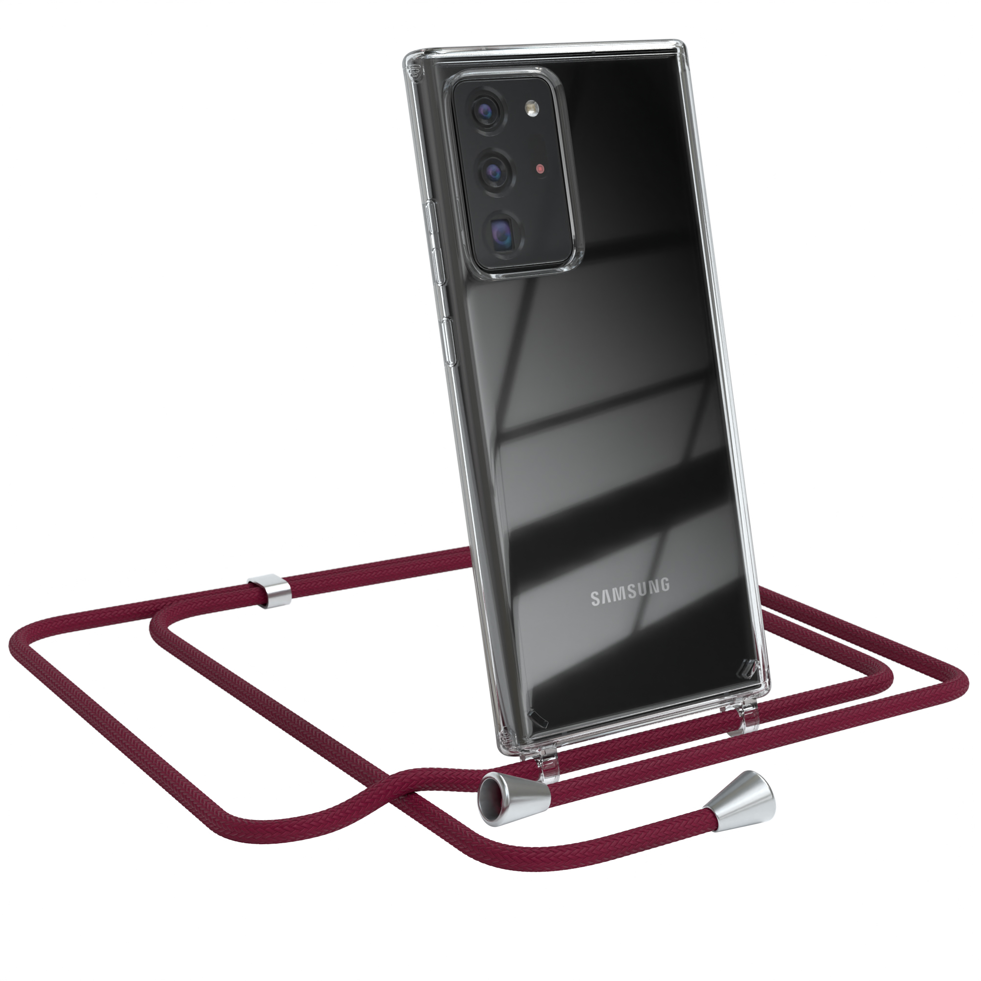 Transparente Handyhülle mit weinrotem Seilriemen, silbernen Akzenten und Samsung-Handy.