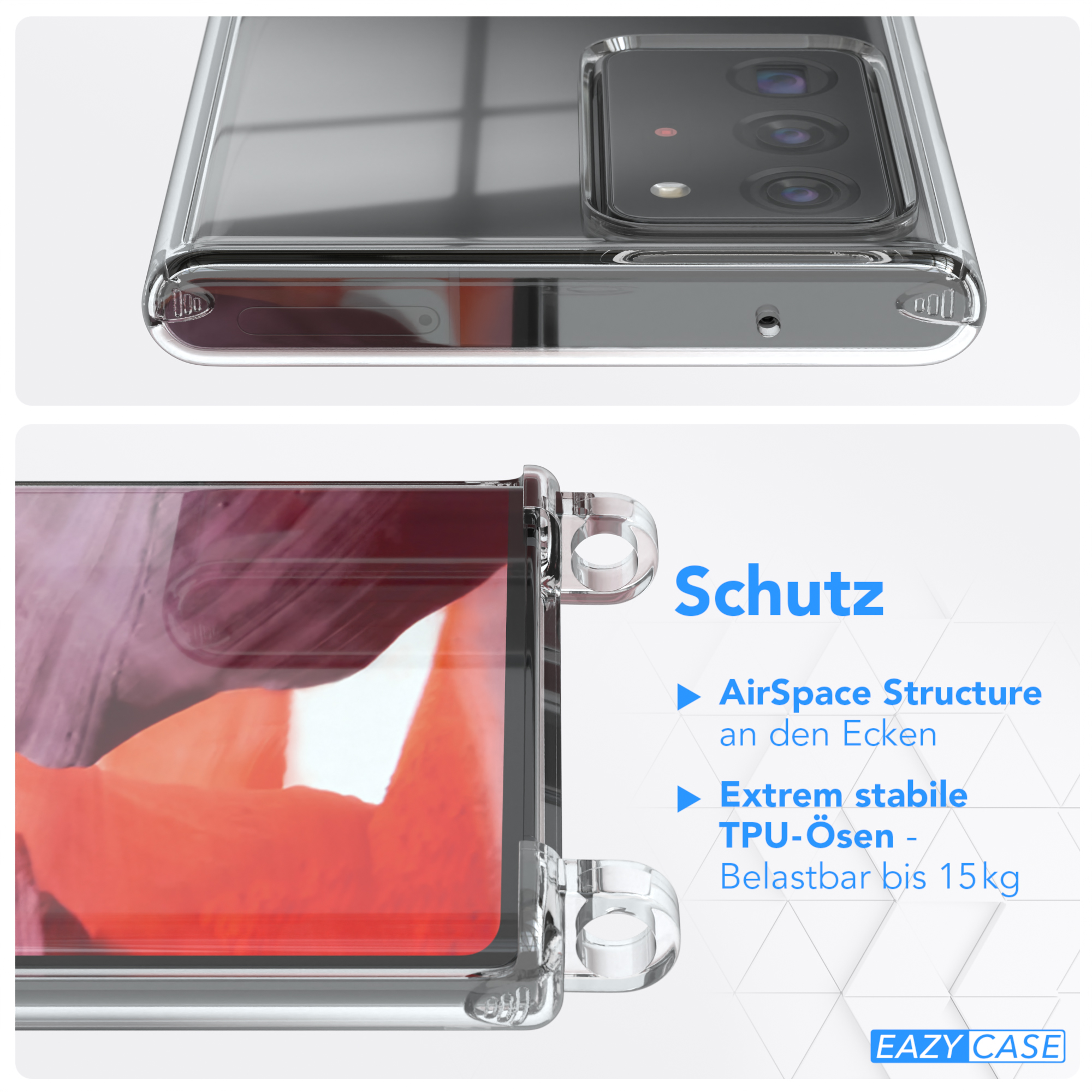Eine transparente Handyhülle wird gezeigt. Sie schützt das Telefon. Die Hülle hat AirSpace Structure.