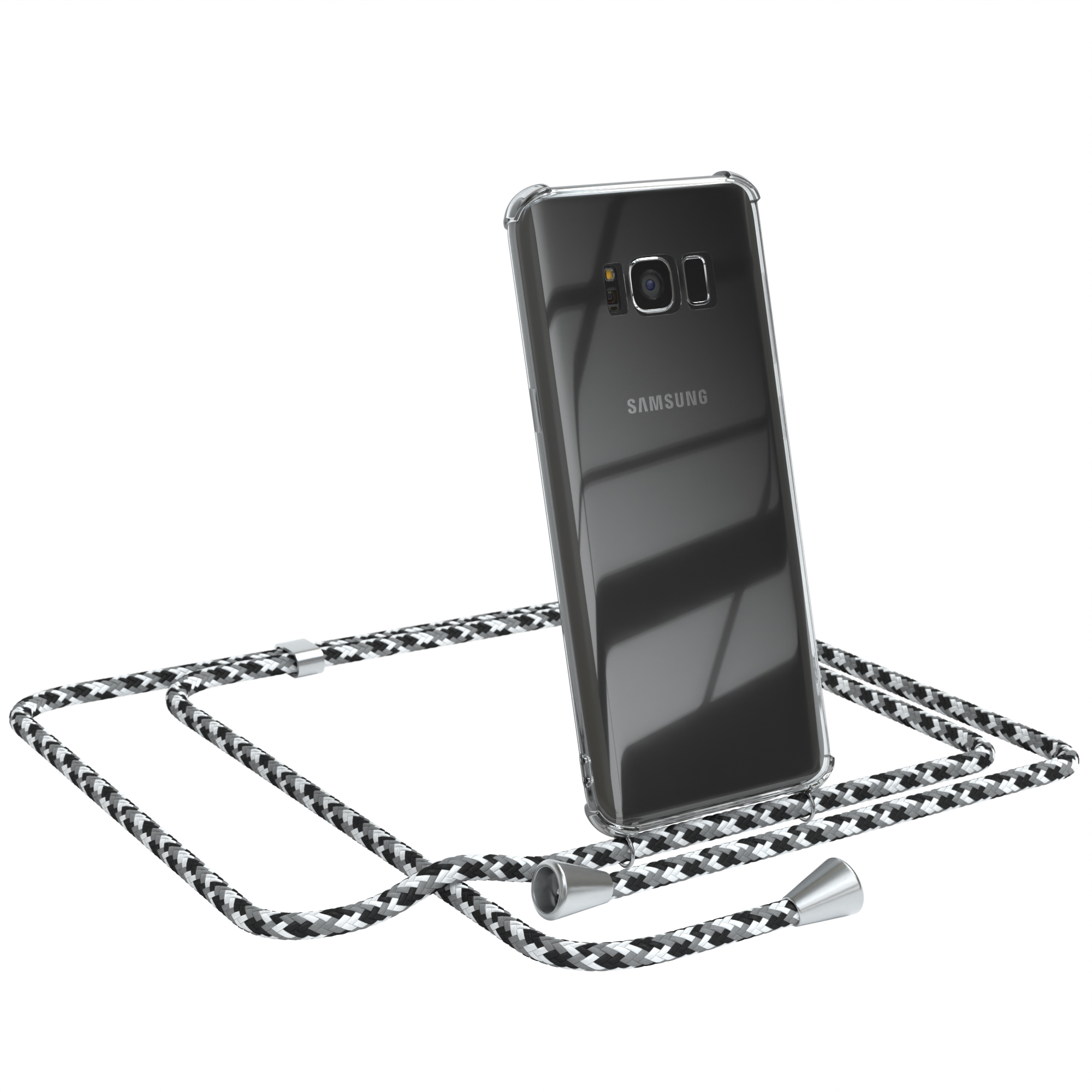 Telefon in transparenter Hülle mit schwarz-weißem Umhängeband. Samsung-Logo sichtbar.
