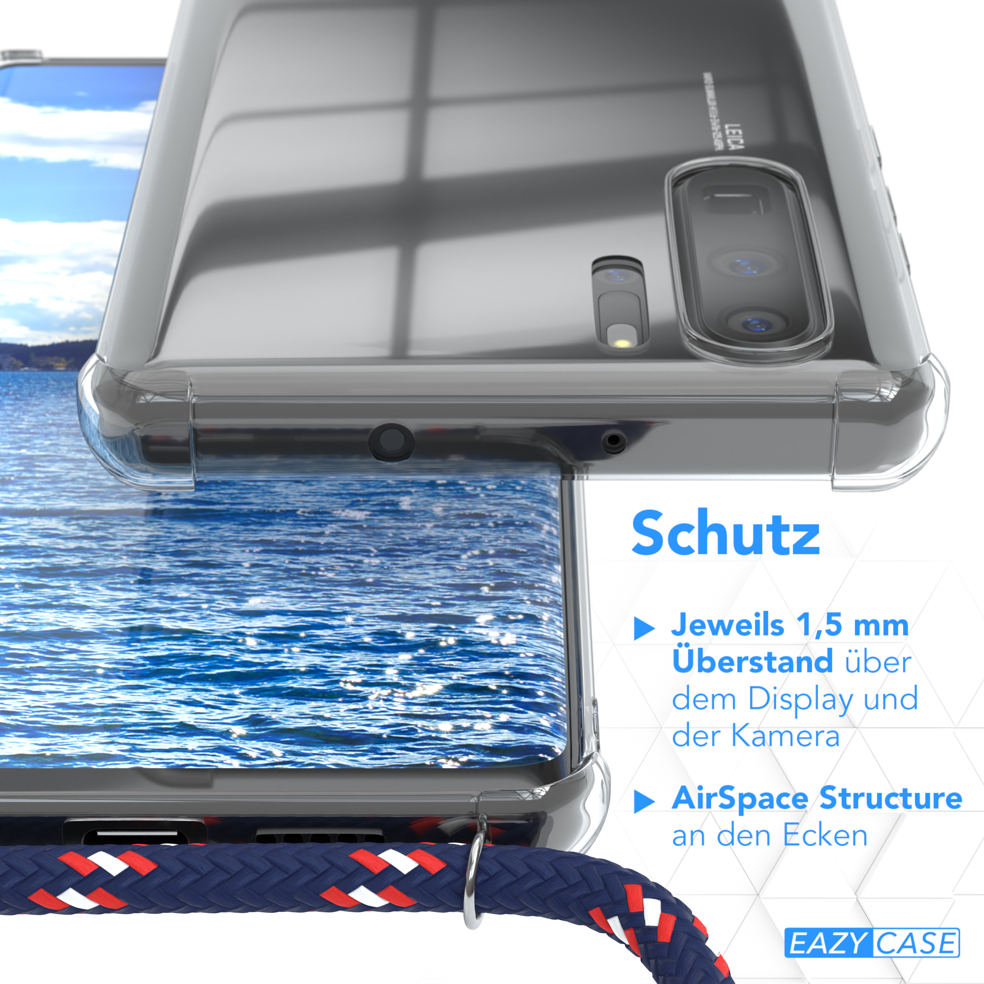 Transparente Handyhülle mit blau-rot-weißem Band, Text 'Schutz' und Details.