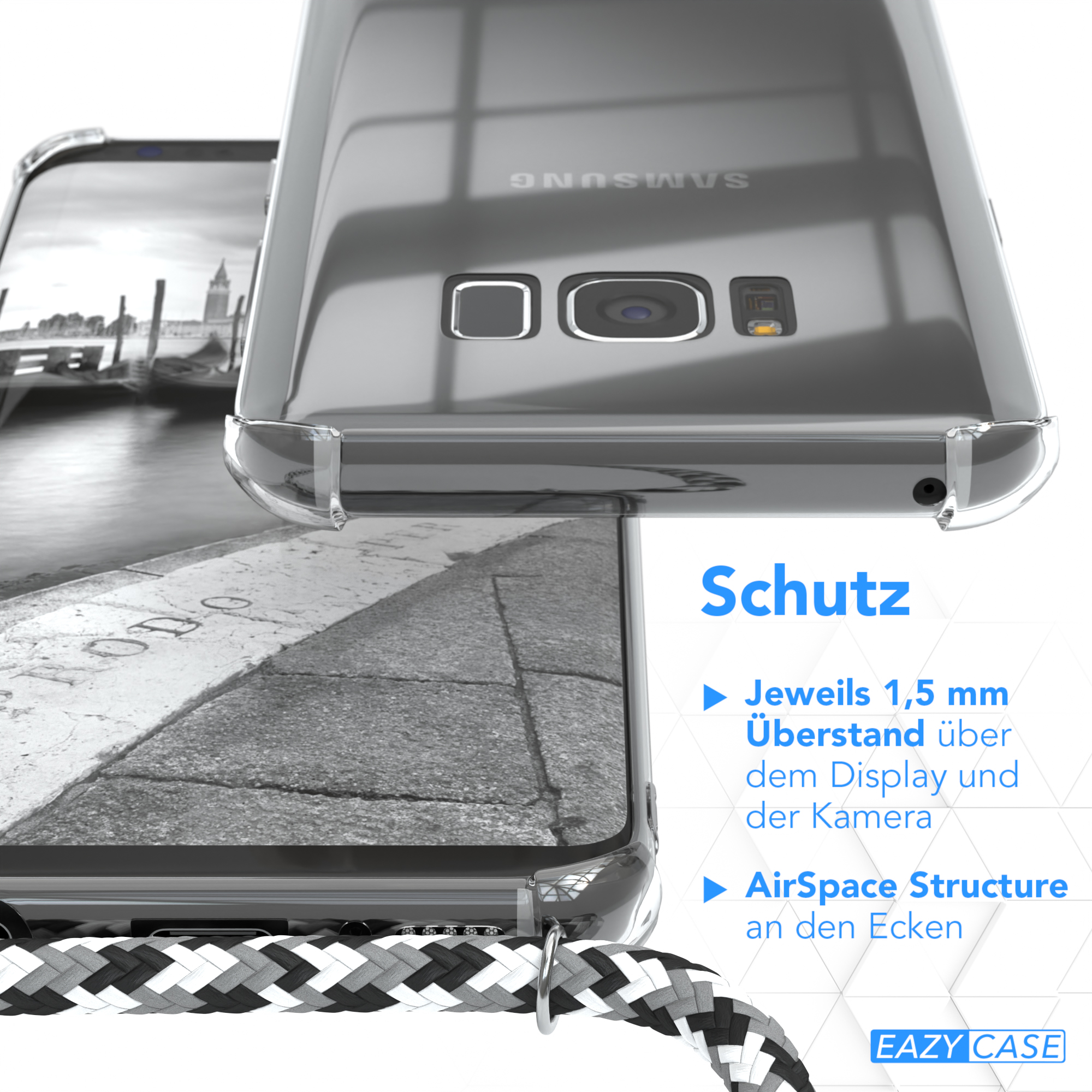 Nahaufnahme: Handyhülle Detail. Text: Schutz. Merkmale: 1,5 mm Display- und Kamerarand.
