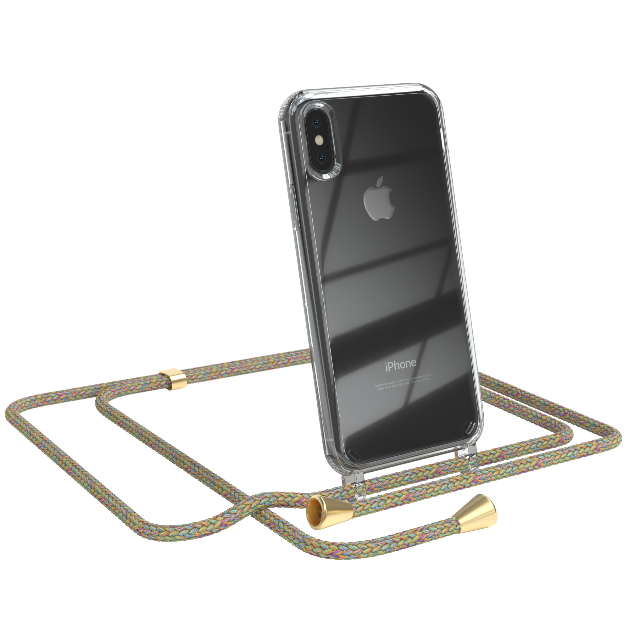 Transparente Handyhülle mit buntem Umhängeband. Apple-Logo sichtbar.