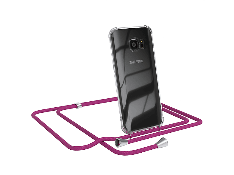 EAZY CASE Clear S7, Pink / Clips Samsung, Umhängetasche, Galaxy Umhängeband, Cover Silber mit