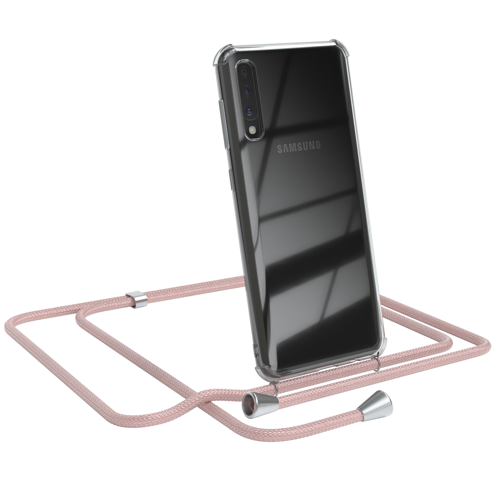 Transparente Handyhülle mit rosa Lanyard. Samsung mit sichtbaren Kameras.