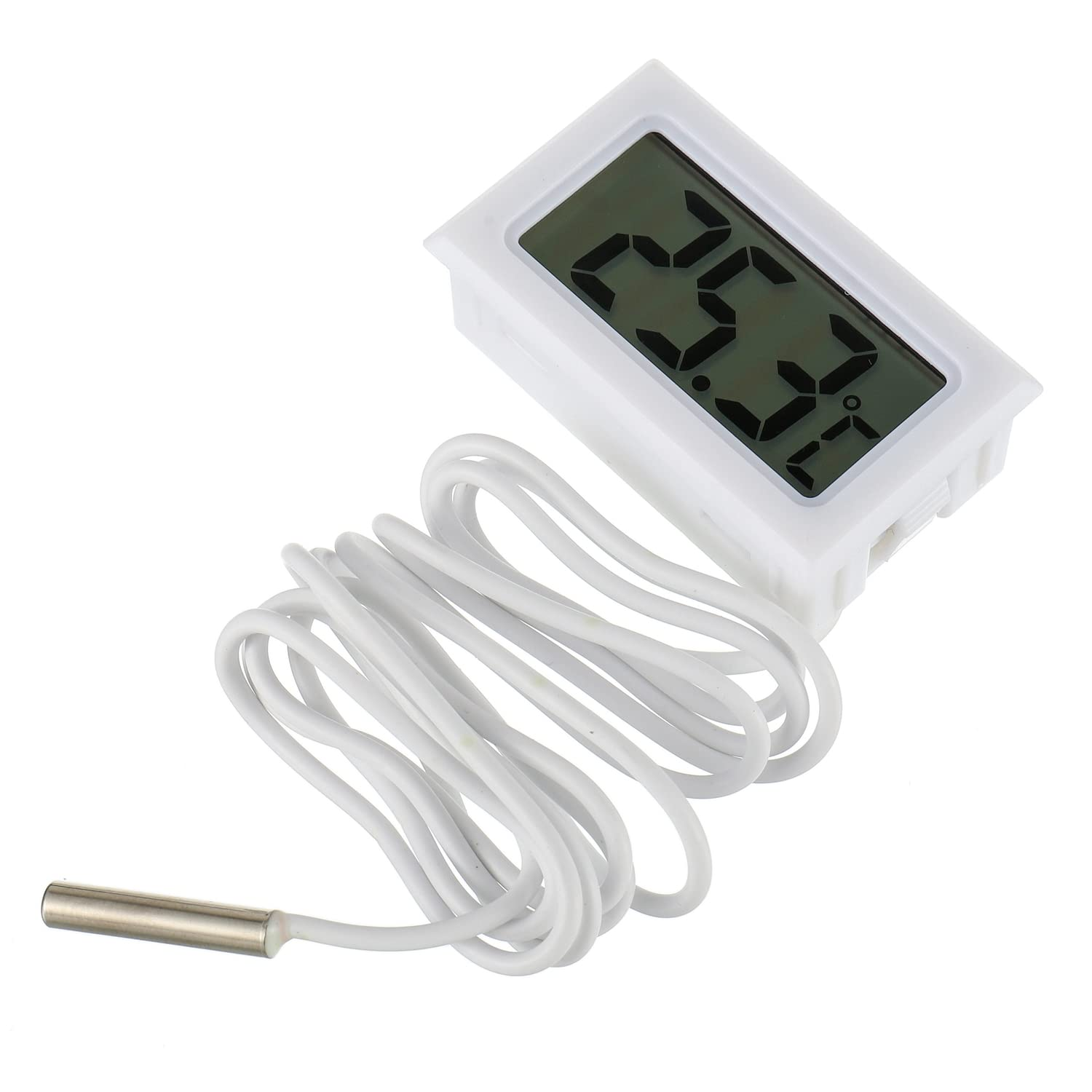 Ein weißes digitales Thermometer, das 25,3 Grad anzeigt. Ein weißes Kabel ist angeschlossen.
