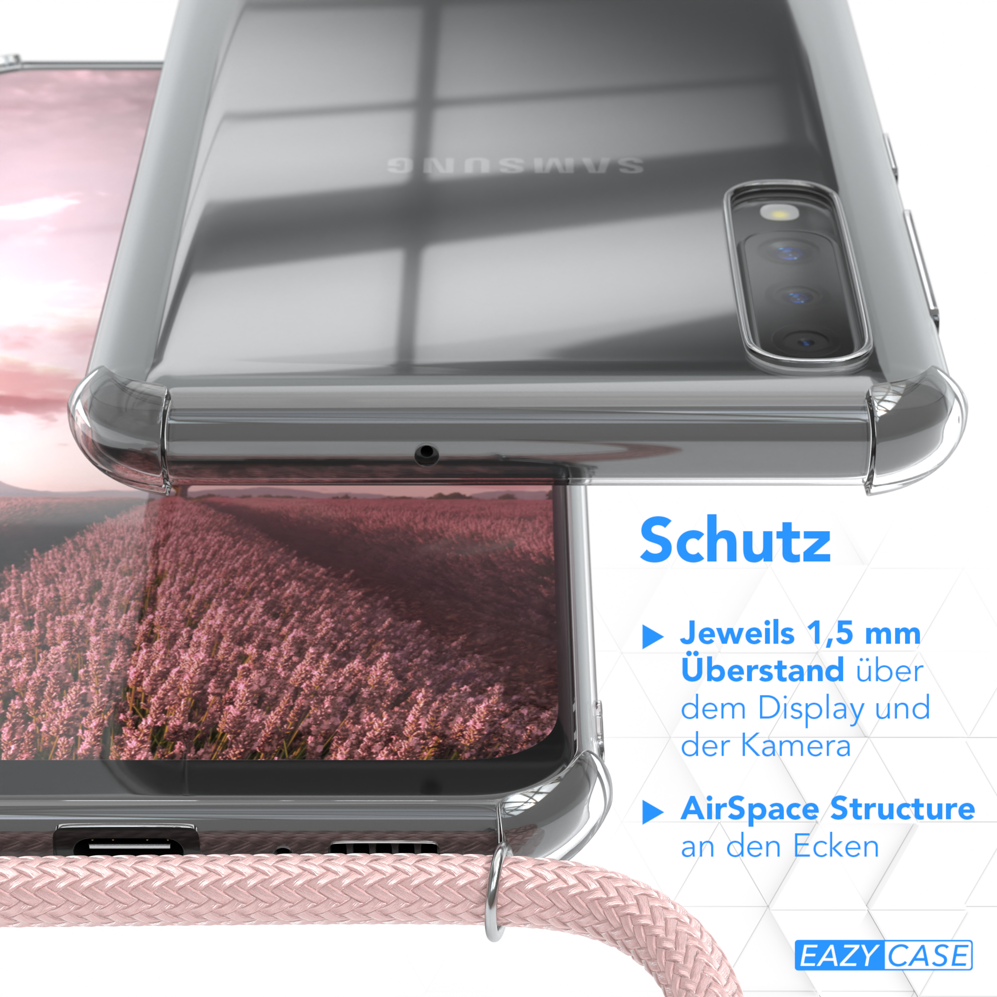 EAZY CASE Clear Cover Rosé Umhängetasche, / A50s mit / A30s, Silber Umhängeband, Clips Galaxy / A50 Samsung