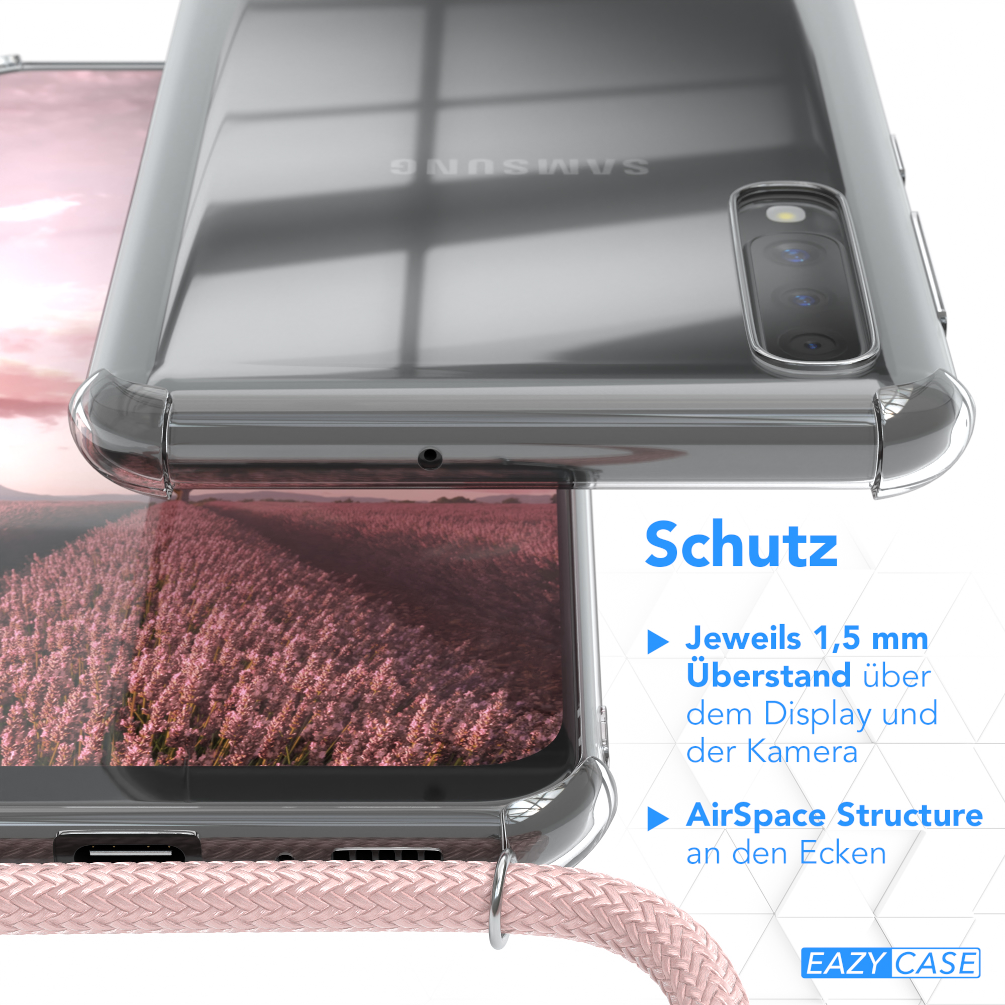 Klare Handyhülle auf einem Telefon. Text: Schutz, 1,5 mm über dem Display, AirSpace-Struktur.