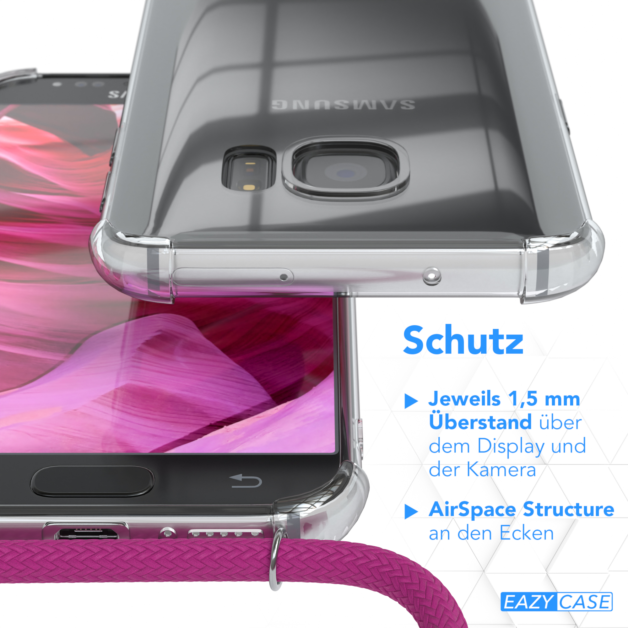 EAZY CASE Clear S7, Pink / Clips Samsung, Umhängetasche, Galaxy Umhängeband, Cover Silber mit