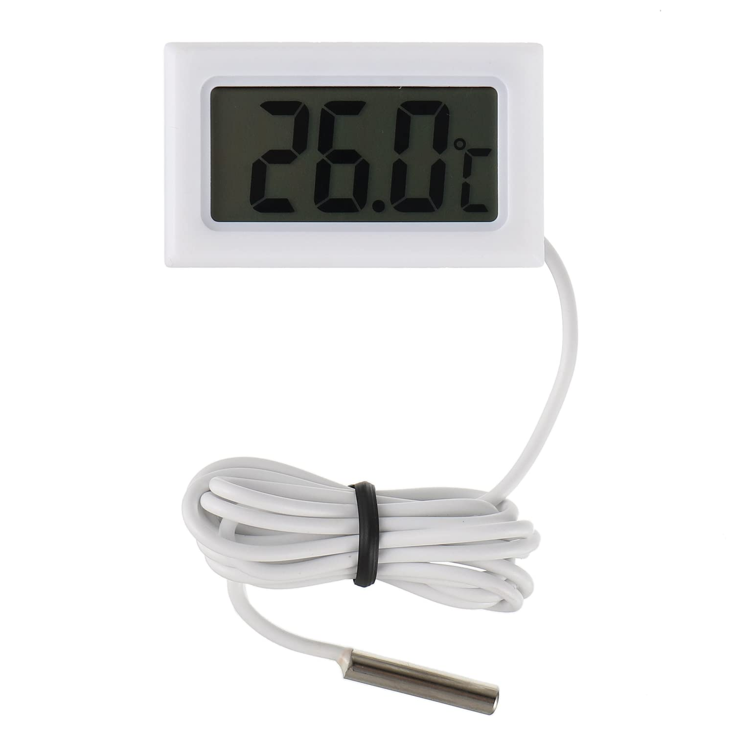 Ein weißes digitales Thermometer zeigt 26,0°C an.