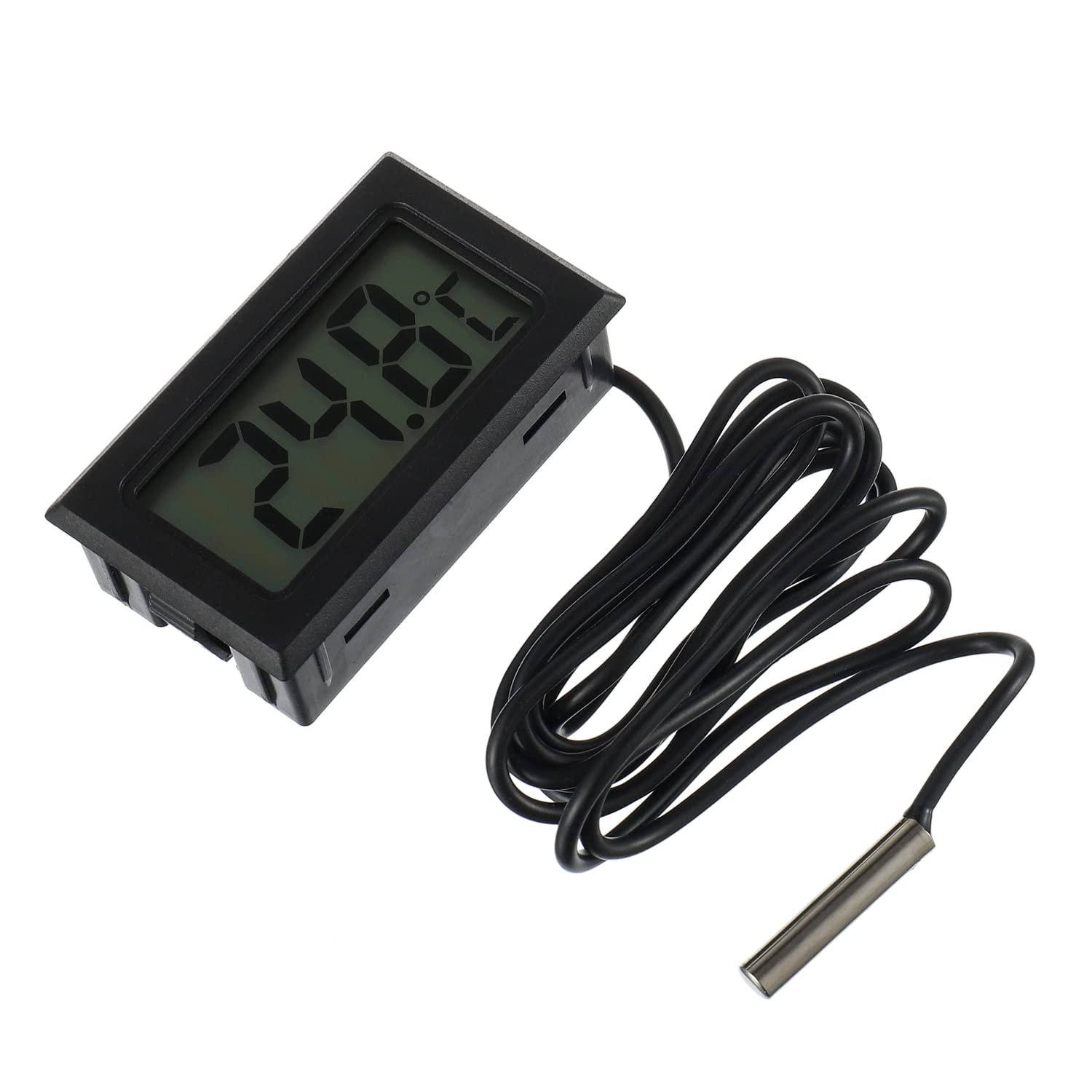 Schwarzes digitales Thermometer mit schwarzem Kabel und Metallsonde, Anzeige 24,8°.