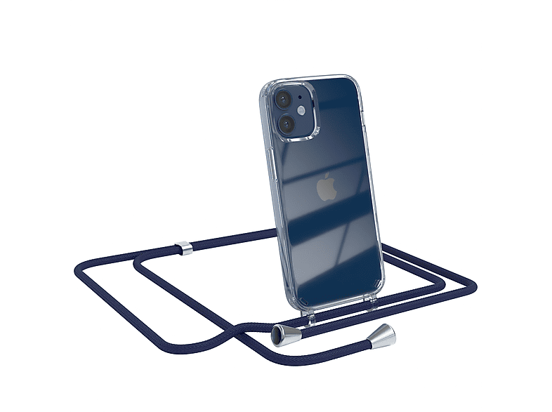 EAZY CASE Clear Cover mit Umhängeband, Umhängetasche, Apple, iPhone 12 Mini, Blau / Clips Silber