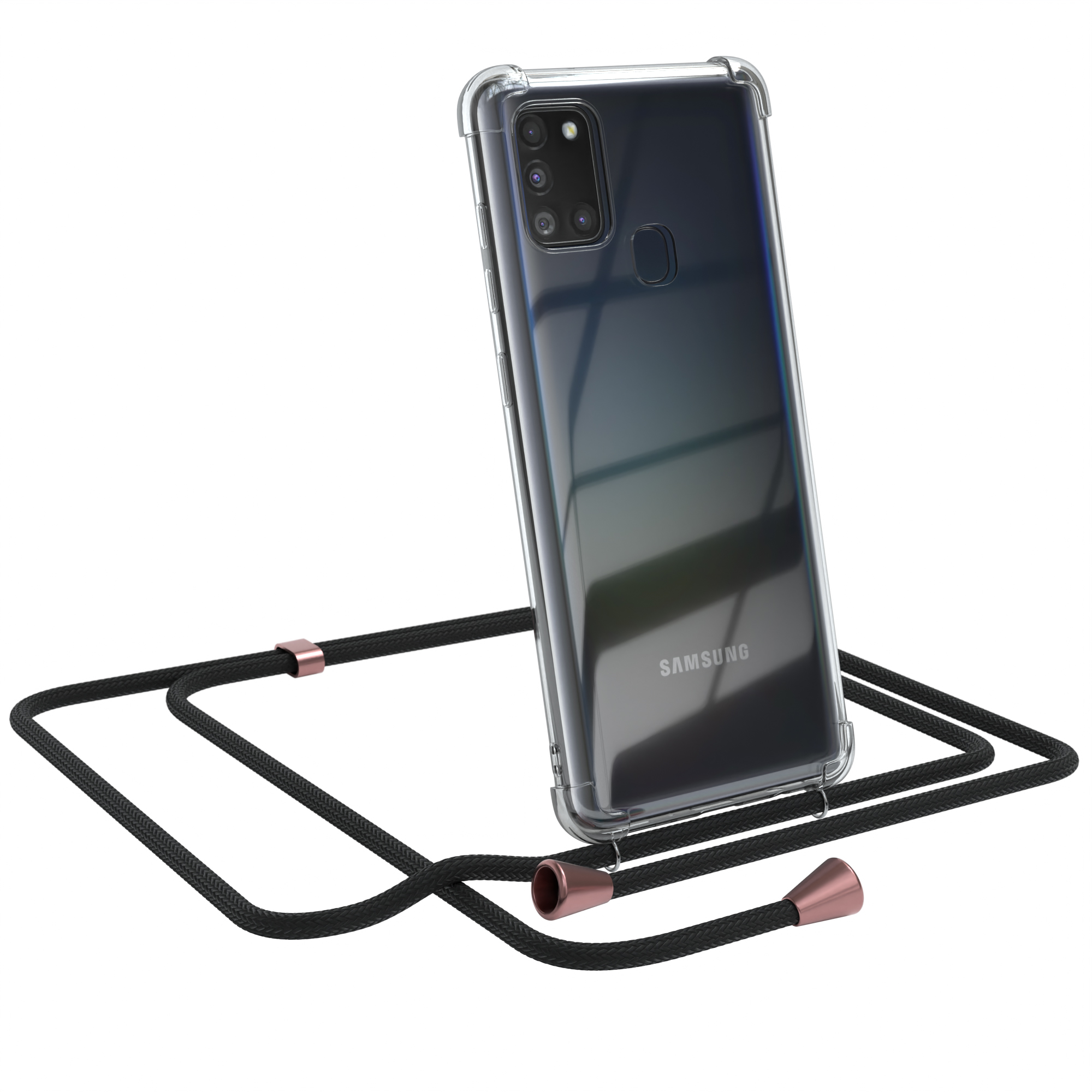 Transparente Handyhülle mit schwarzer Kordel. Abgewinkeltes Samsung-Telefon. Roségoldene Enden.