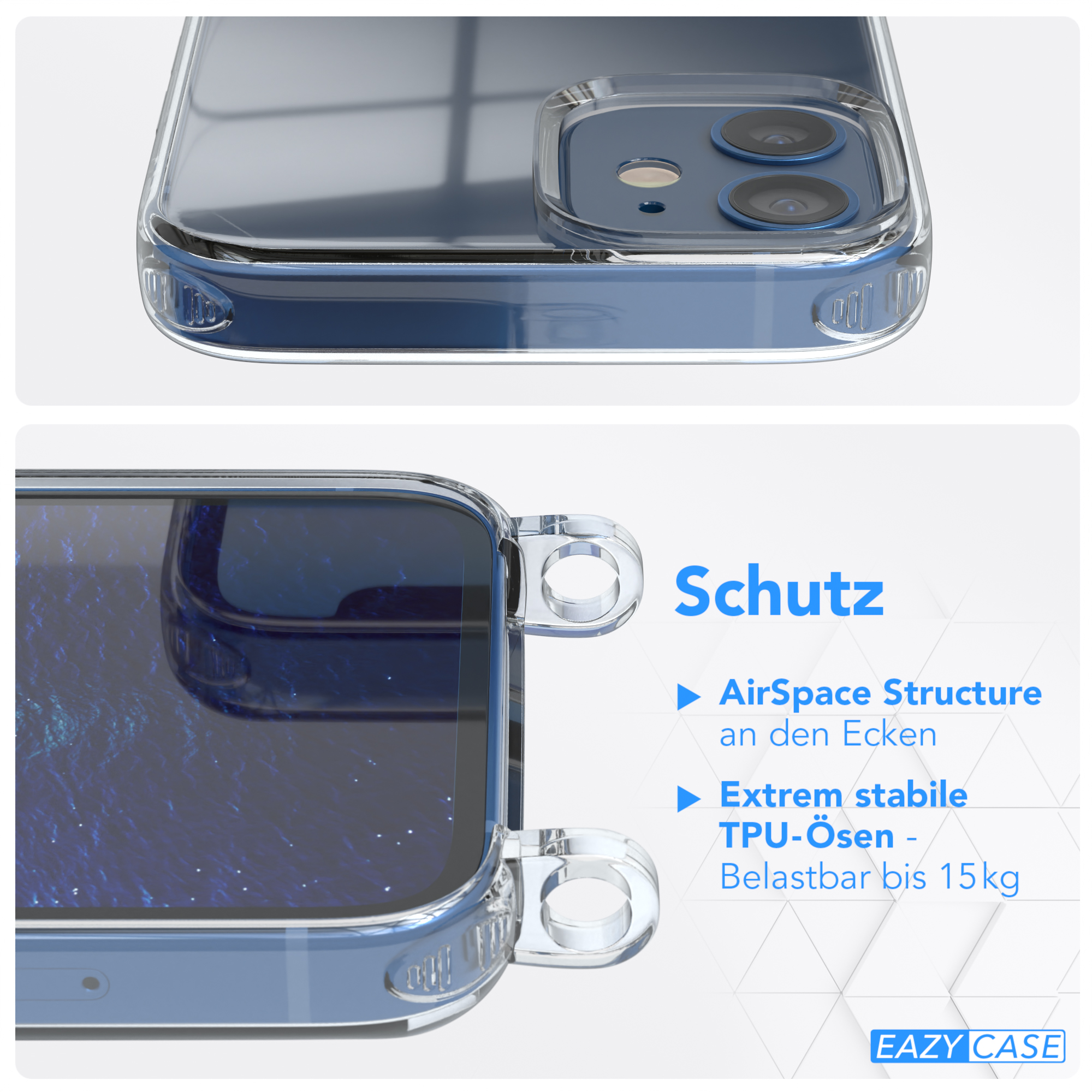 Nahaufnahme einer Handyhülle mit blauen Details, die die Ecken und die Schutzfunktionen zeigt.