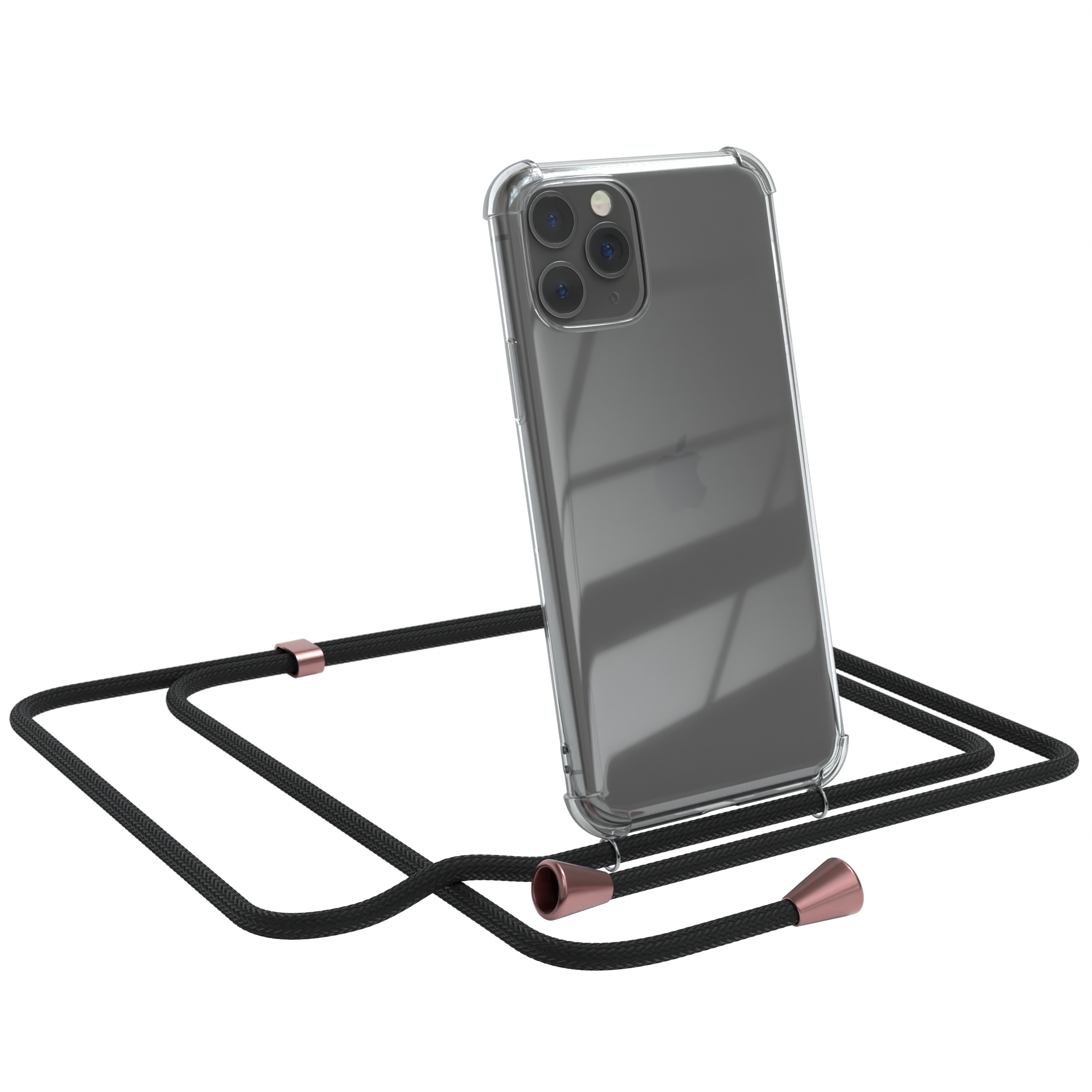 Transparente Handyhülle mit schwarzem Lanyard. Apple-Telefon sichtbar. Weißer Hintergrund.