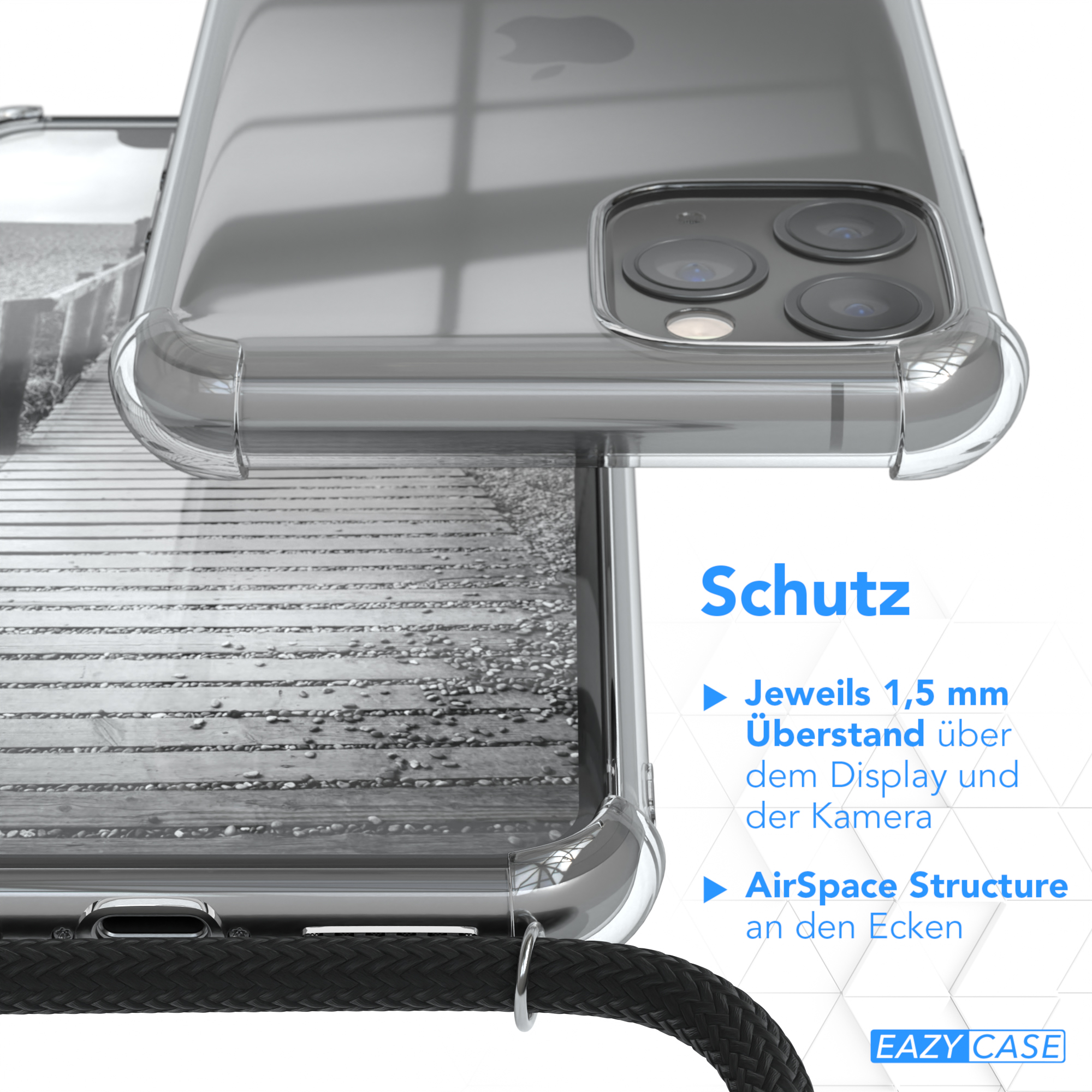 Klare Handyhülle im Nahaufnahme, zeigt die Hülle und schwarzes gemustertes Lanyard. Text zeigt Schutz.