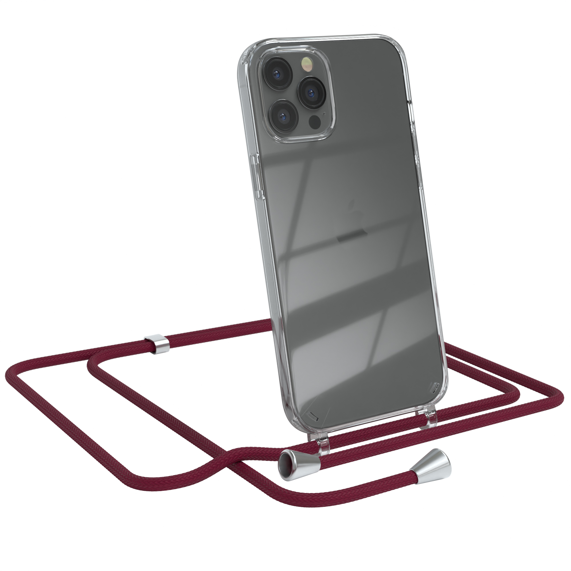 Transparente Handyhülle mit weinrotem Gurt. Das Telefon liegt vor weißem Hintergrund. Apple-Logo sichtbar.