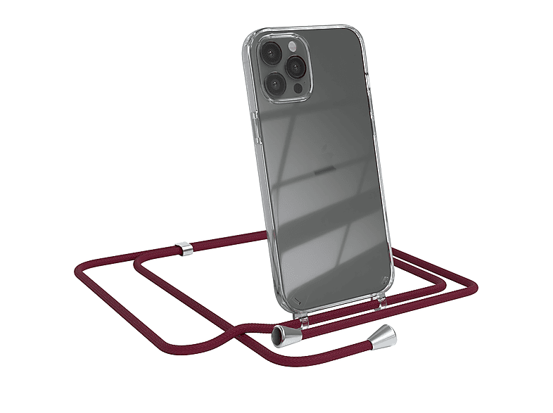 EAZY CASE Clear Cover mit Umhängeband, Umhängetasche, Apple, iPhone 12 Pro Max, Bordeaux Rot / Clips Silber