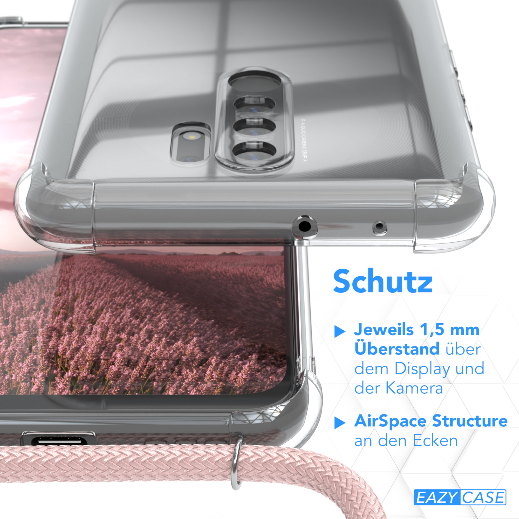 EAZY CASE Clear / Xiaomi, Redmi Umhängetasche, Redmi 9 mit / Silber Cover Rosé Umhängeband, 9 Clips Prime